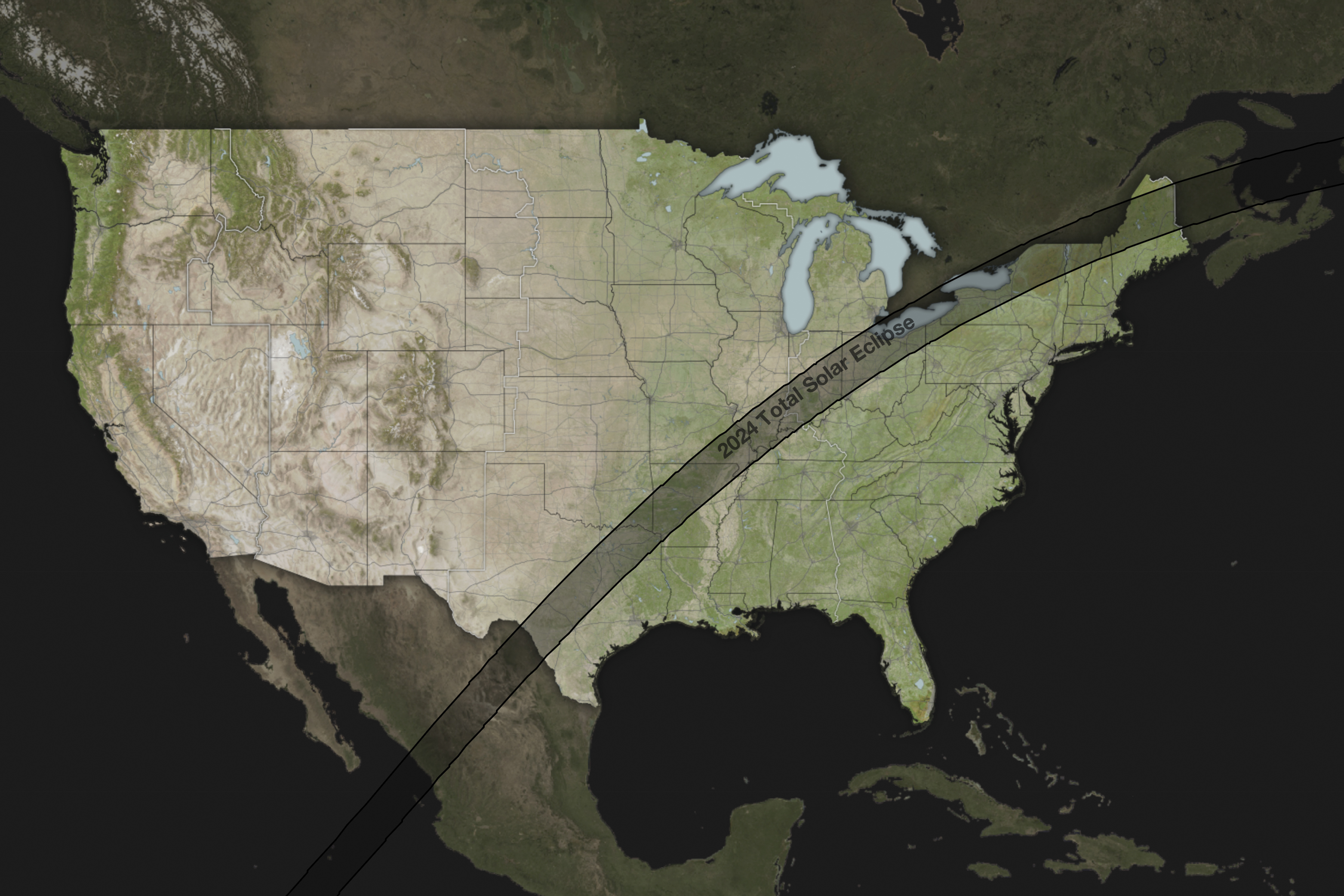 This image from the NASA Eclipse Explorer website shows the path of the April 8, 2024 total solar eclipse over North America. An estimated 44 million people live inside the 110-mile-wide (180-kilometer-wide) path of totality stretching from Mazatlán, Mexico to Newfoundland. (NASA via AP) (HOGP)
