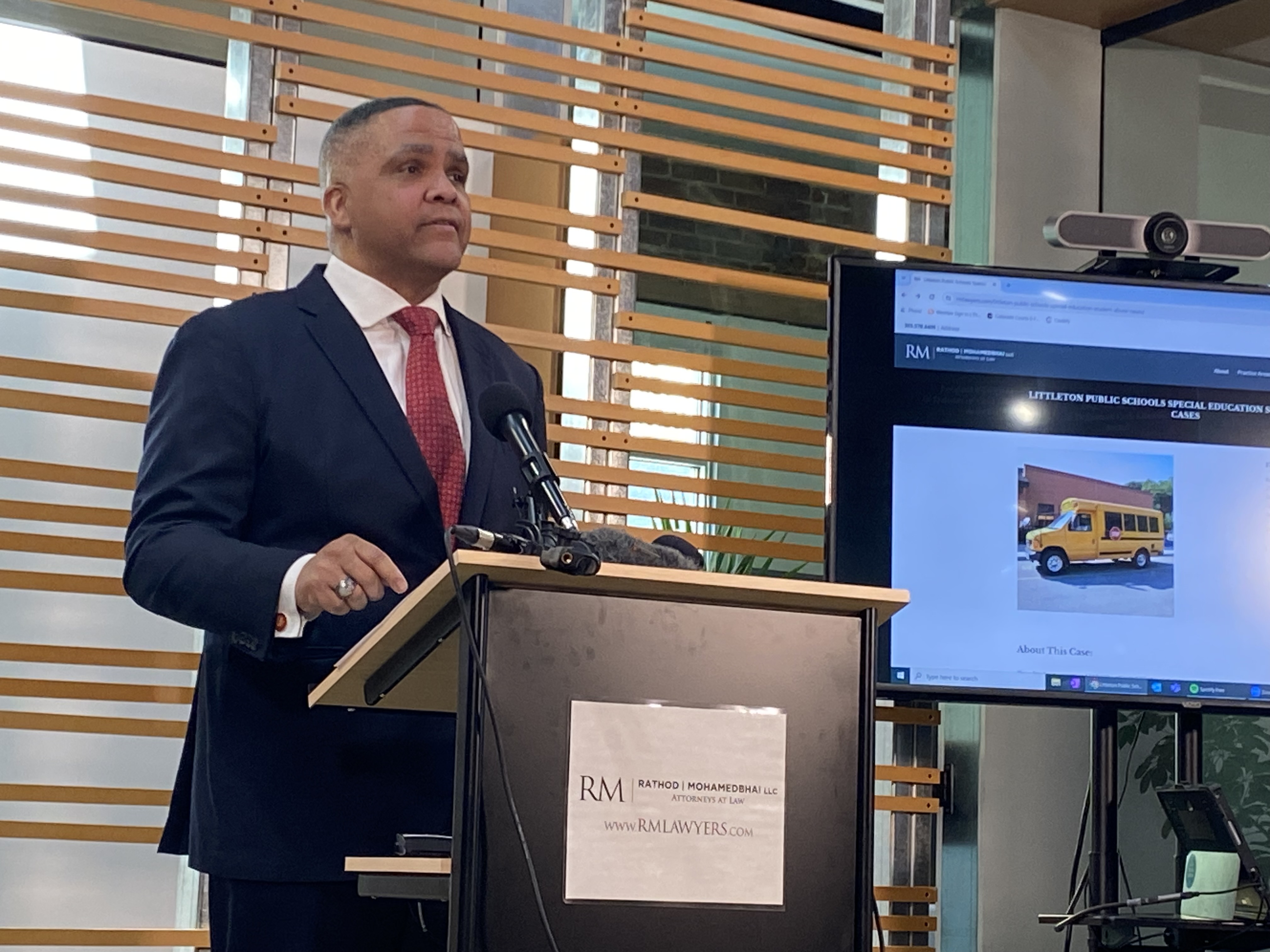 Edward C. Hopkins Jr. with Rathod Mohamedbhai LLC at a press conference Tuesday announcing the investigation into the alleged assaults on special needs children on a Littleton Public Schools bus.
