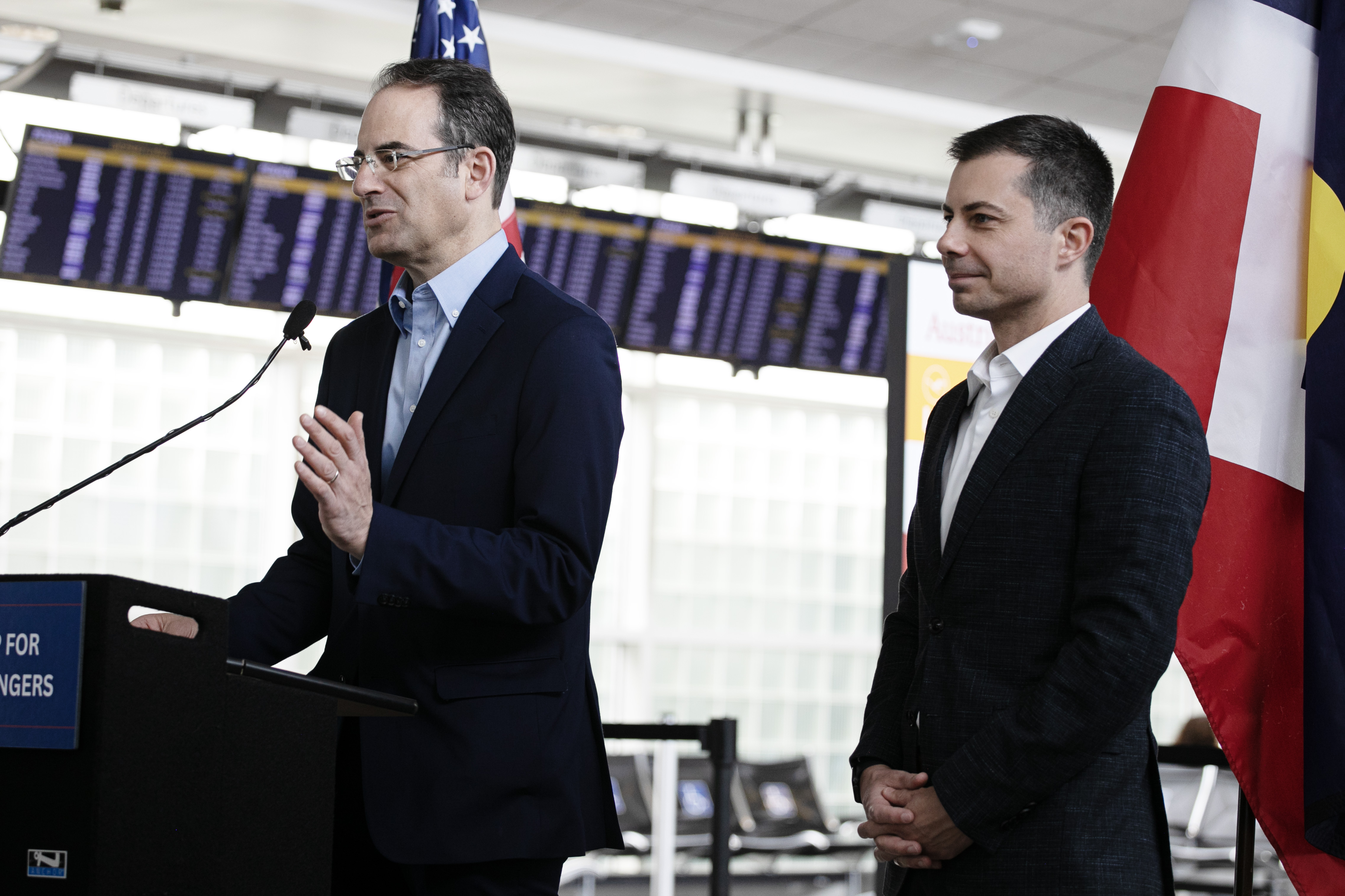 Colorado Attorney General Phil Weiser, left, and U.S. Transportation Secretary Pete Buttigieg announced the Airline Passenger Protection Partnership at a press conference at Denver International Airport on Tuesday, April 16, 2024. (TomHellauerMultimedia Producertom.hellauer@denvergazette.comhttps://denvergazette.com/content/tncms/avatars/f/9e/622/f9e6228a-3b6b-11ed-bf10-fbb71fa8e421.f54b911252c540f1d61709edc4727a39.png)