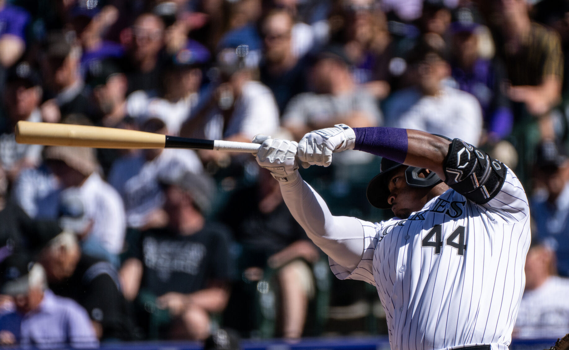 Colorado Rockies first base Elehuris Montero (44) bats against the Tampa Bay Rays at Coors Field, Friday, April 5, 2024, in Denver, Colo. (Parker Seibold, The Gazette) (Parker Seibold)
