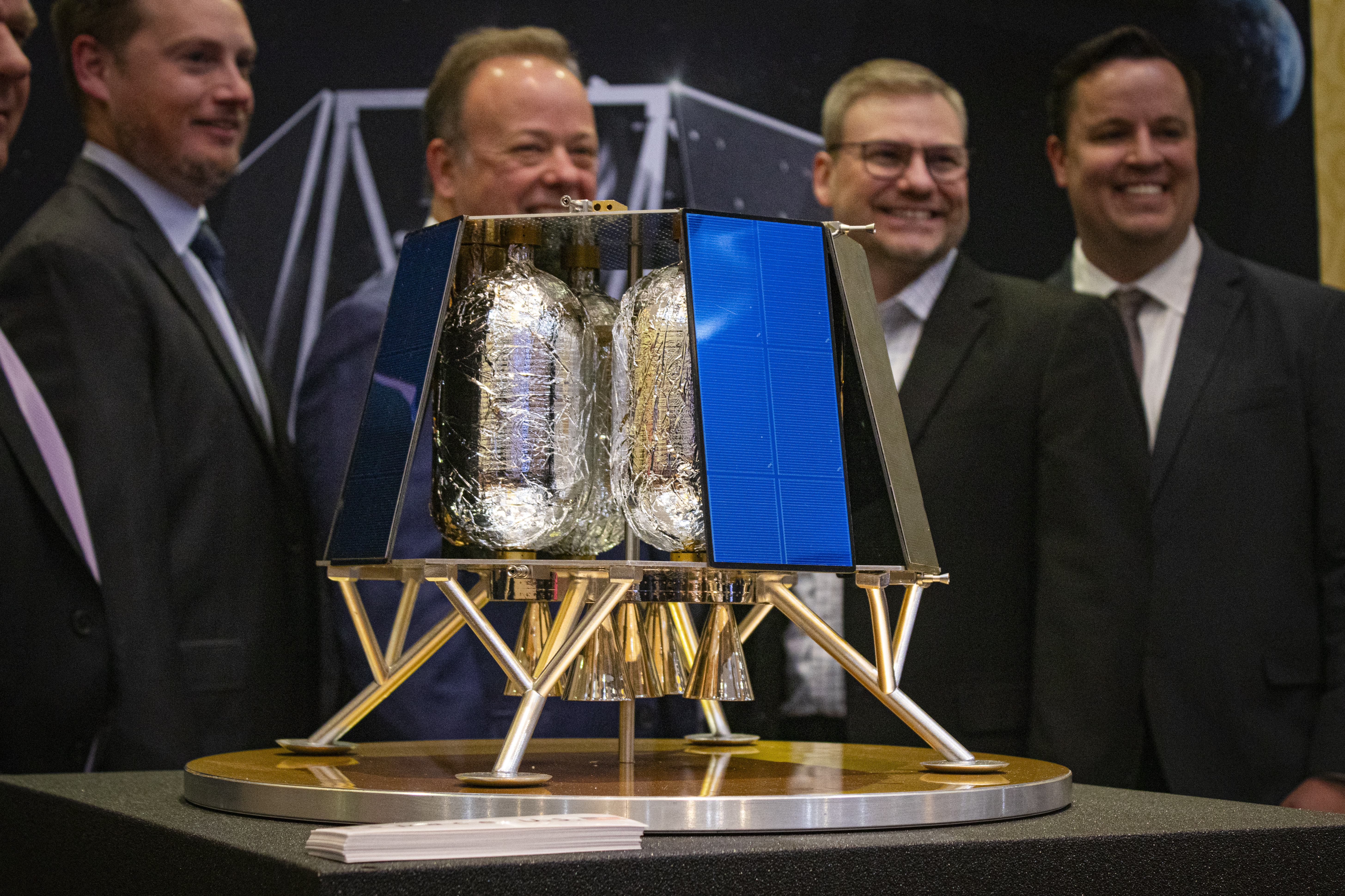 A model copy of the Apex 1.0, a lunar lander designed by Tokyo company ispace that opened a U.S. headquarters in the Centennial in 2023. The device is set to go study seismic activity on the far side of the moon for NASA. (Bernadette Berdychowski / Denver Gazette)