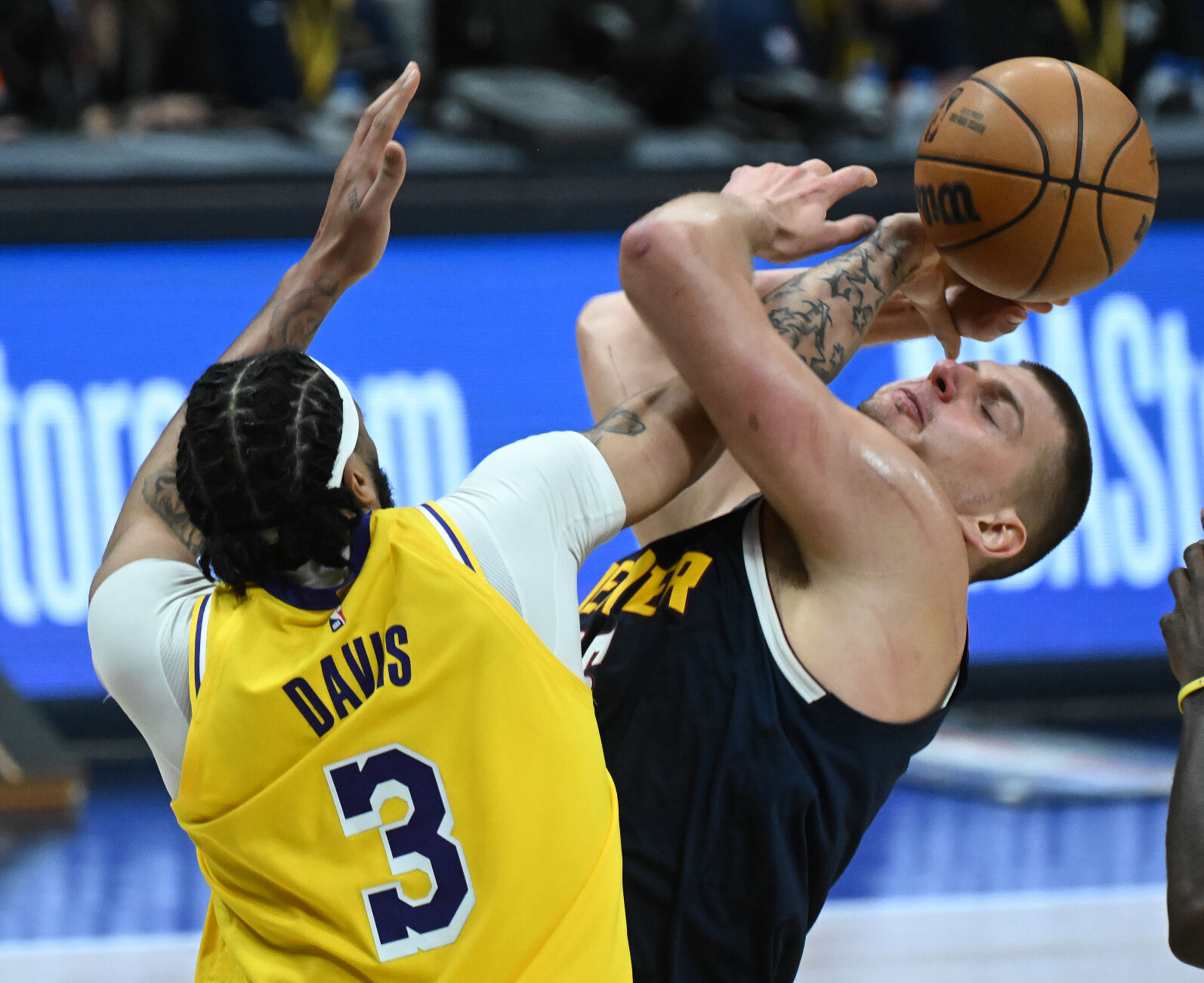 Lakers’ Anthony Davis doesn’t foul Nikola Jokic according to the refs in the Western Conference championships on Monday, April 29, 2024. The Nuggets will be meeting the Timberwolves in the second round. (Photo by Jerilee Bennett, The Gazette)