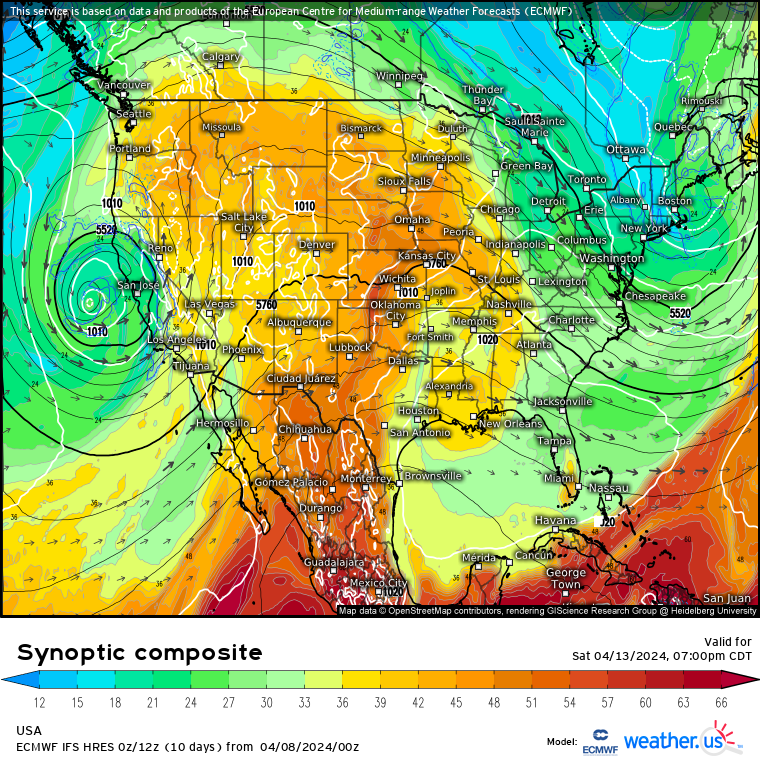 A Weather.us forecast map from the ECMWF model shows the synoptic composite of wind speeds, atmospheric pressure and humidity levels of the air for 7 p.m., Saturday, April 13, for the United States. The reds, yellows and oranges represent moister air and the greens, blues and purples represent less moist air. (Weather.us)