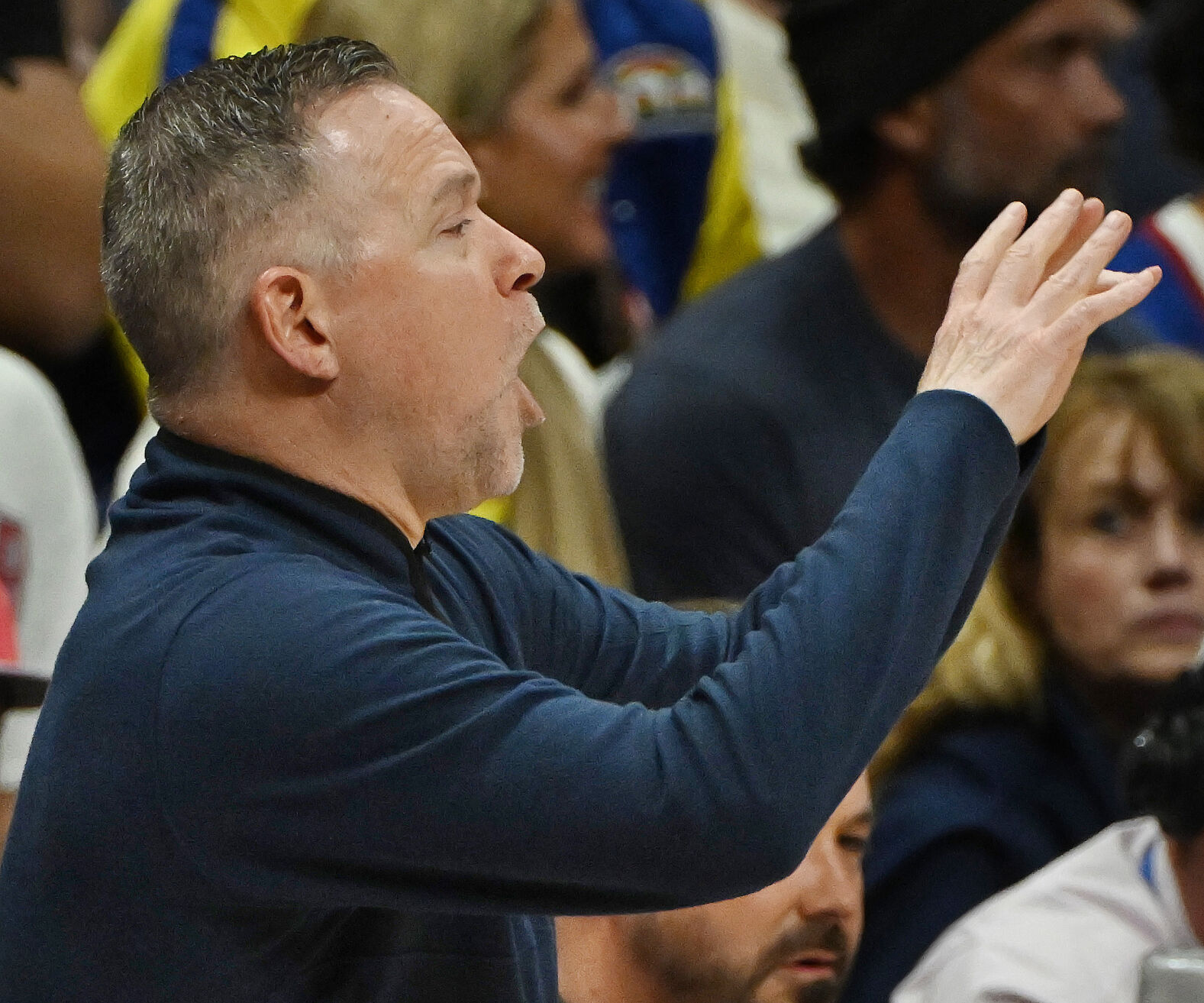 Nuggets Head Coach Michael Malone gives direction during game 5 of the first round of the Western Conference championships at Ball Arena on Monday, April 24, 2024. The Nuggets won the game 108-106. (Photo by Jerilee Bennett, The Gazette)