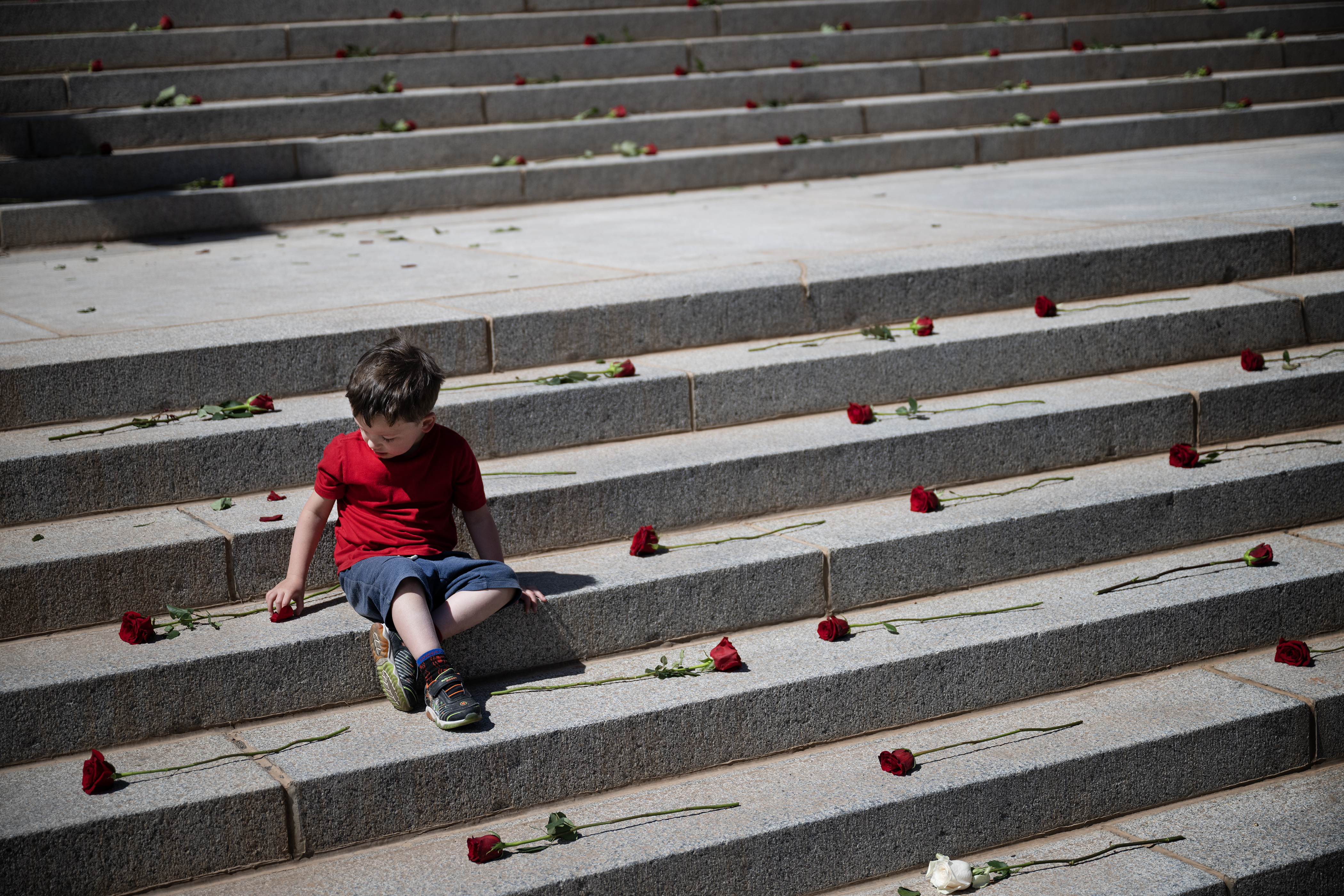 FILE PHOTO: Miles Allison, 4, sits on the east steps of the Colorado State Capitol building among 206 roses, each one representing a victim of school shootings since the 1999 Columbine High School shooting, after he and his family placed the roses on Monday, April 3, 2023 in Denver, Colo. Each rose would eventually have a victim’s name, written on a small card, placed over the rose, though the wind was too harsh to initially place them. (Timothy Hurst/Denver Gazette) (TimHursttim.hurst@gazette.comhttps://secure.gravatar.com/avatar/aca82bd62b4ee425c598527cd6faa1b1?d=mm&r=g)