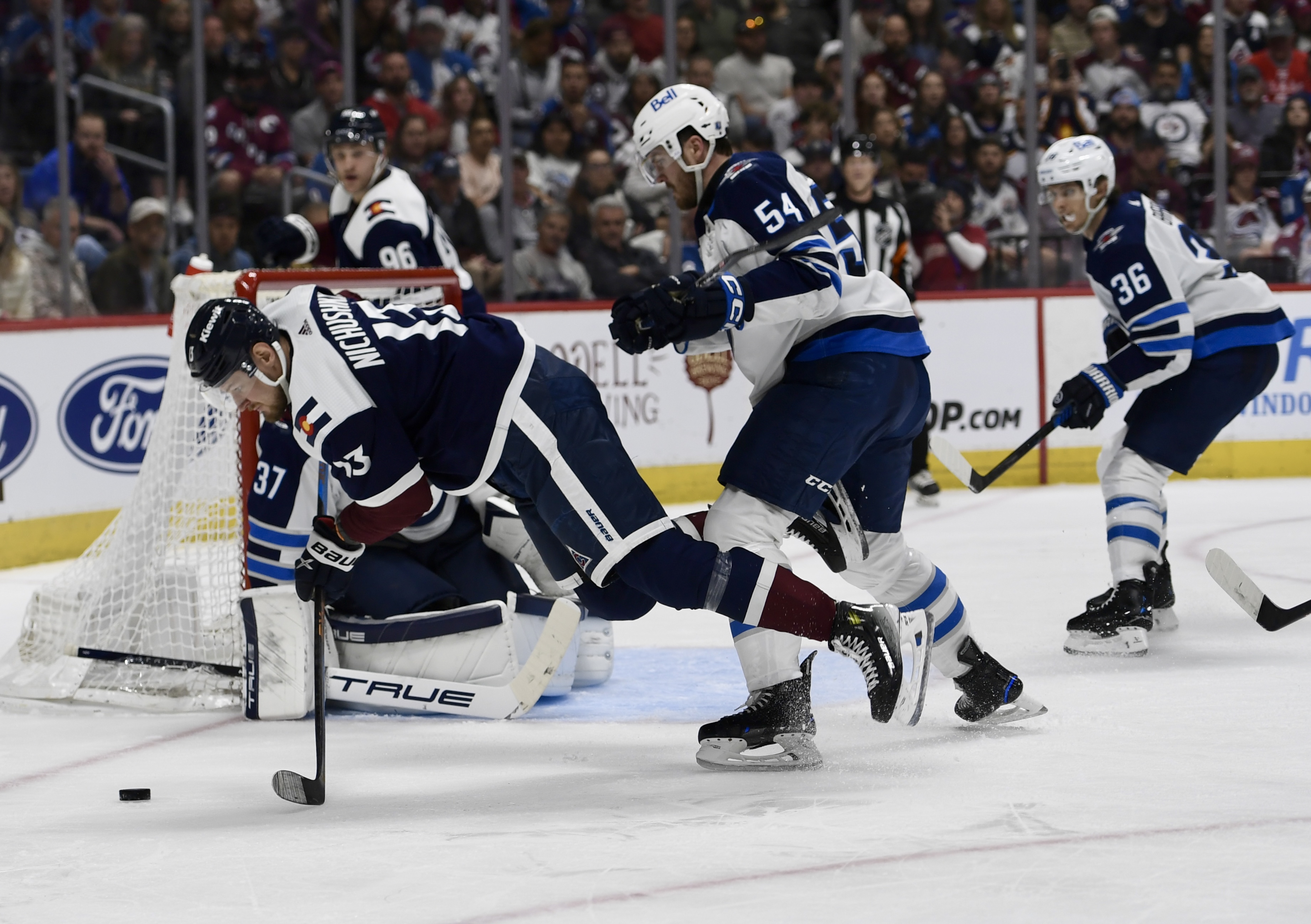 Avs forward Valeri Nichushkin falls while going for a puck against Winnipeg on Saturday, April 13, 2024. (CarsonFieldcarson.field@gazette.comhttps://secure.gravatar.com/avatar/c524ef3d384945349bed78d70eb2d2cd?d=mm&r=g)