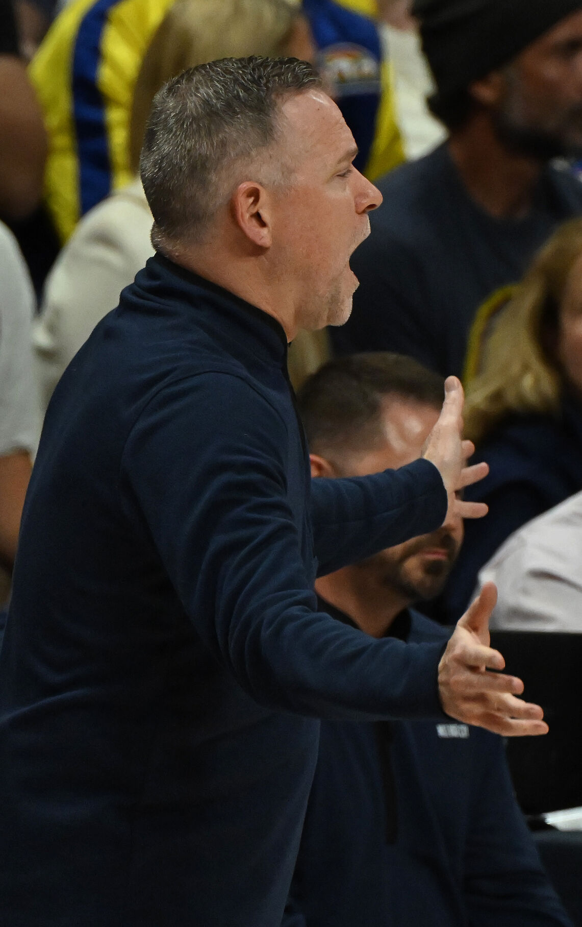 Nuggets Head Coach Michael Malone gives orders during the first quarter of game 5 of the first round of the Western Conference championships on Monday, April 29, 2024. (Photo by Jerilee Bennett, The Gazette)