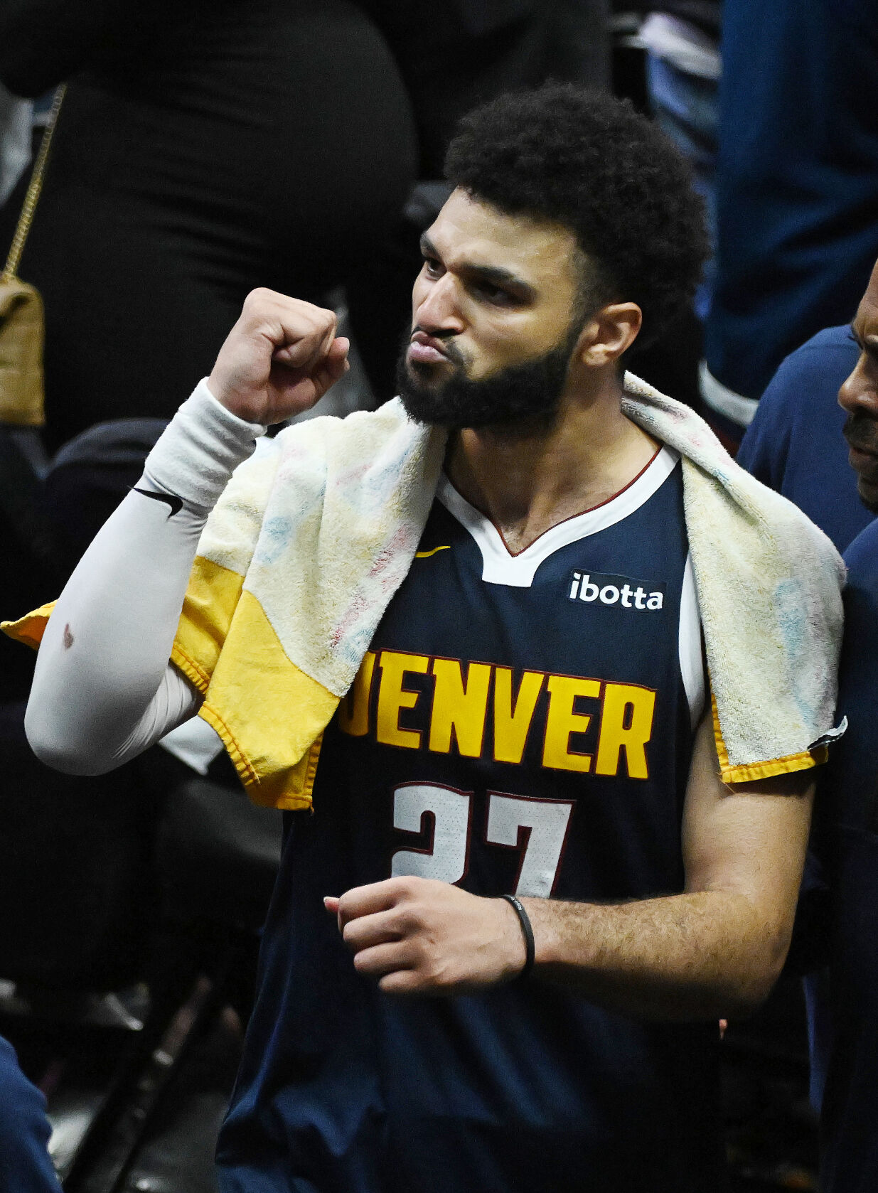 Jamal Murray pumps his fist to the crowd as he heads to the locker room after making the winning shot during game 5 of the first round of the Western Conference championships at Ball Arena on Monday, April 24, 2024. The Nuggets won the game 108-106. (Photo by Jerilee Bennett, The Gazette)