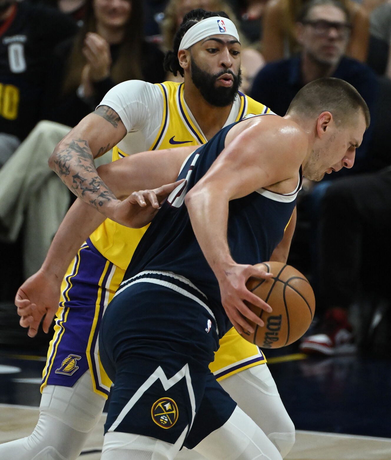 Lakers’ Anthony Davis puts pressure on Nikola Jokic during the first quarter of game 5 of the first round of the Western Conference championships on Monday, April 29, 2024. (Photo by Jerilee Bennett, The Gazette)