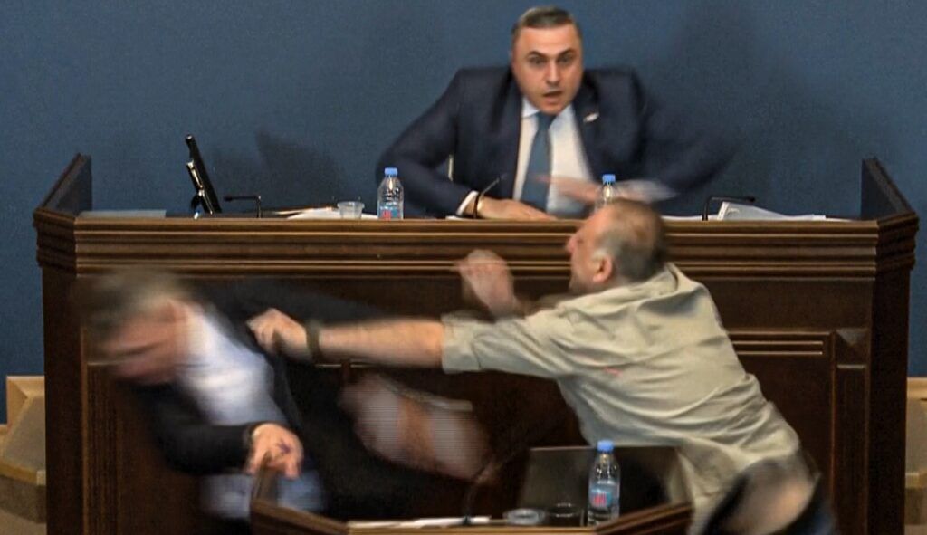 Georgian politician punches opponent and causes chaos during argument over ‘foreign agent’ bill