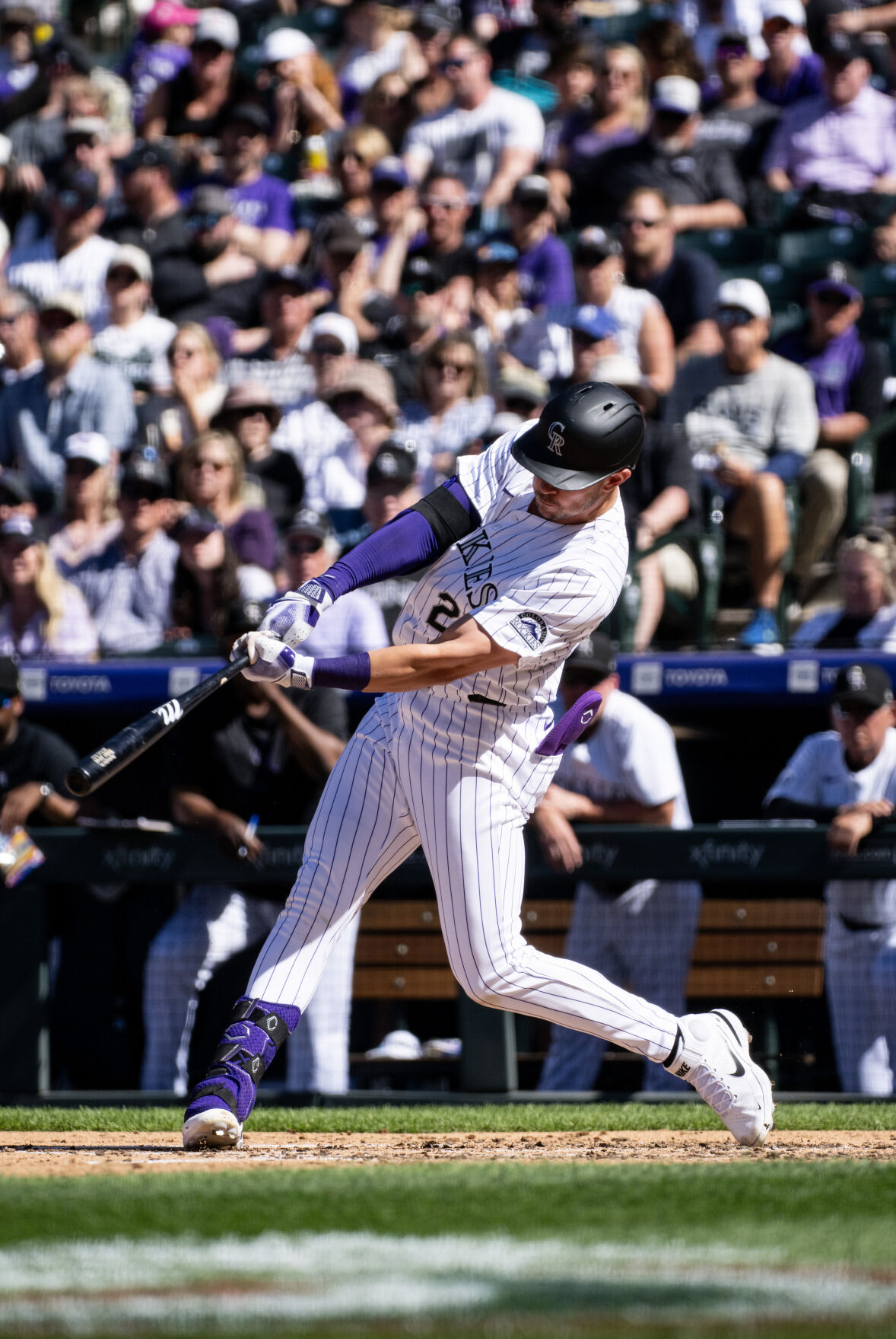 Colorado Rockies outfielder Nolan Jones (22) makes a hit during a game against the Tampa Bay Rays at Coors Field, Friday, April 5, 2024, in Denver, Colo. (Parker Seibold, The Gazette) (Parker Seibold)