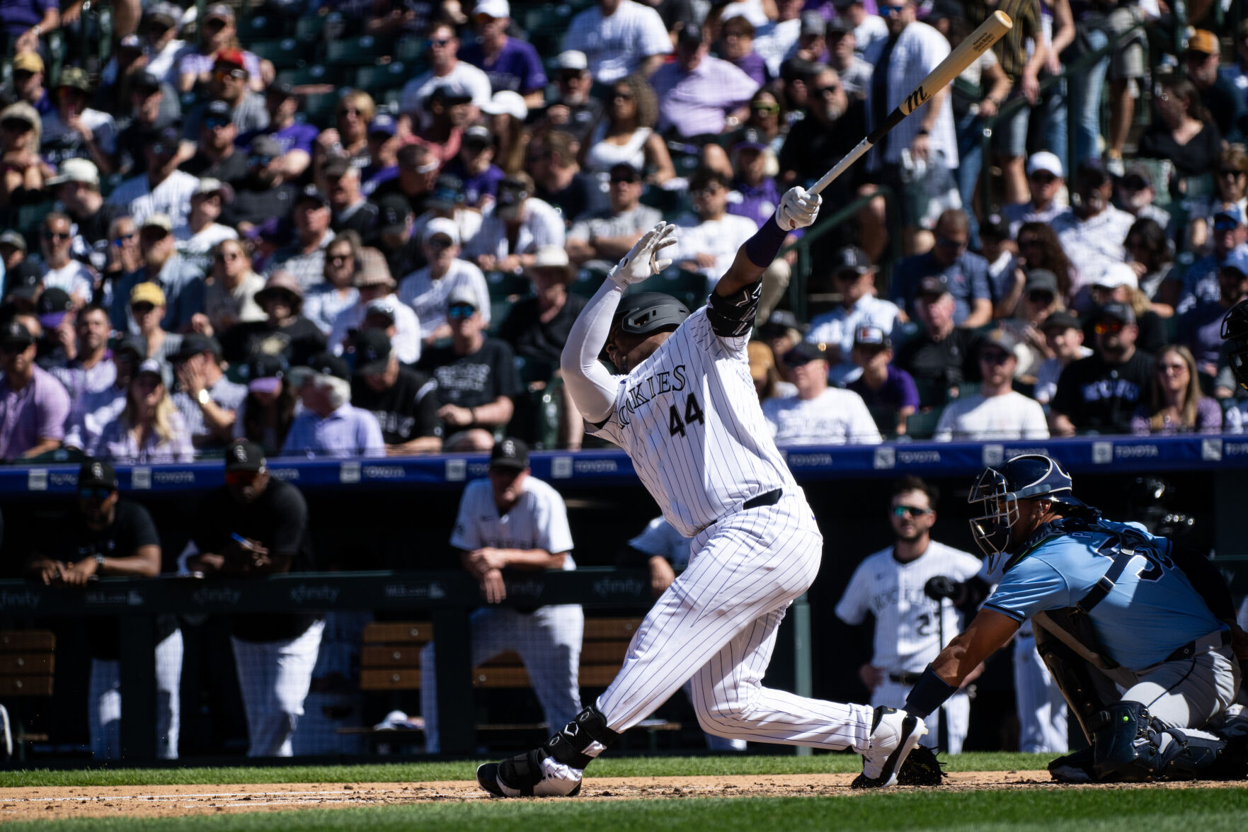 Colorado Rockies first base Elehuris Montero (44) gets a strike during a game against the Tampa Bay Rays at Coors Field, Friday, April 5, 2024, in Denver, Colo. (Parker Seibold, The Gazette) (Parker Seibold)