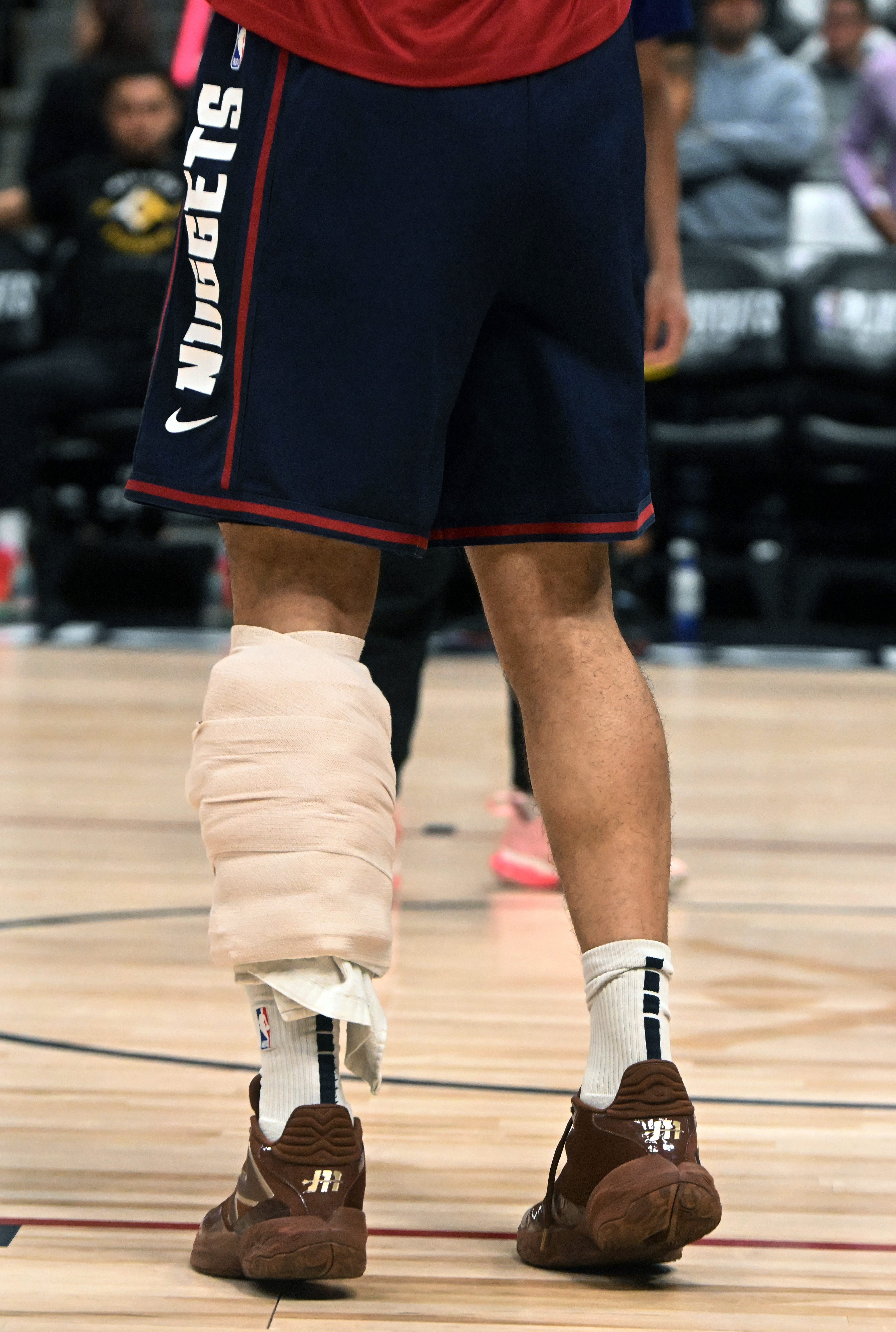 Jamal Murray warms up with his leg wrapped before the game when he was still questionable for game 5 against the Lakers at Ball Arena on Monday, April 29, 2024. (Photo by Jerilee Bennett, The Gazette)