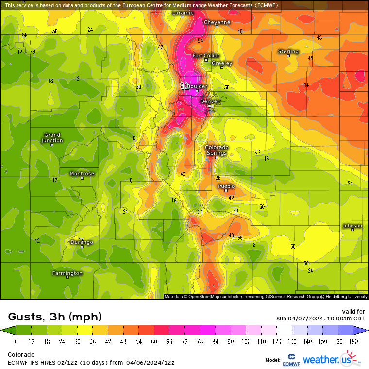 A Weather.us map forecast from the ECMWF model shows forecasted wind gusts from 9 a.m. to 12 p.m., Sunday, April 7 for Colorado. (Weather.us)