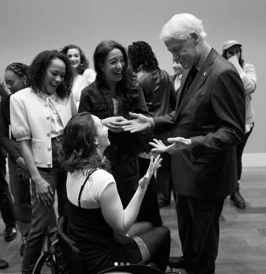 Denver actor Jenna Bainbridge is greeted by President Bill Cllinton after a preview performance of the Broadway musical 