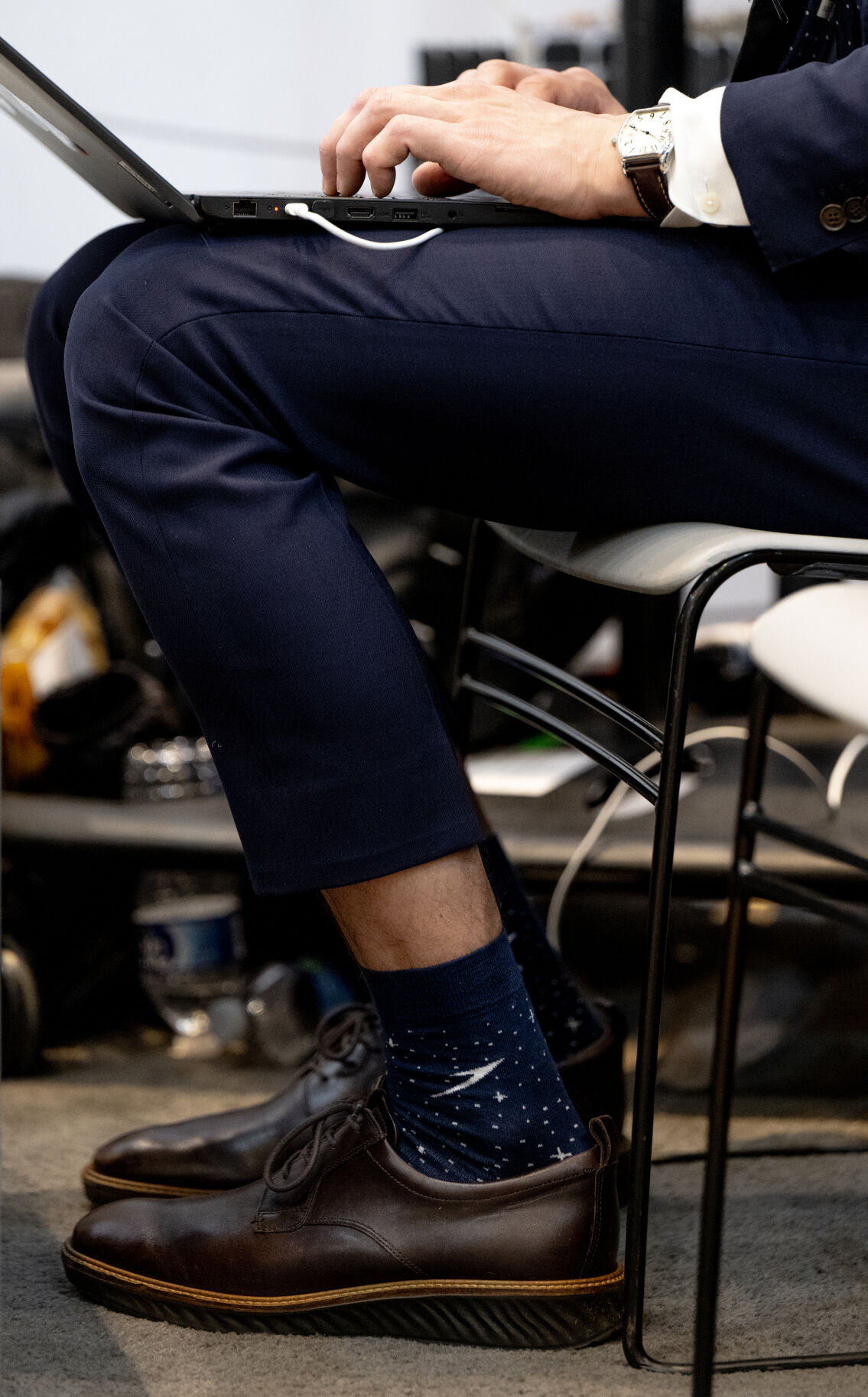 An exhibitor at the 39th Space Foundation Space Symposium at The Broadmoor Hotel wears space themed socks, Tuesday, April 9, 2024, in Colorado Springs, Colo. (Parker Seibold, The Gazette) (Parker Seibold)
