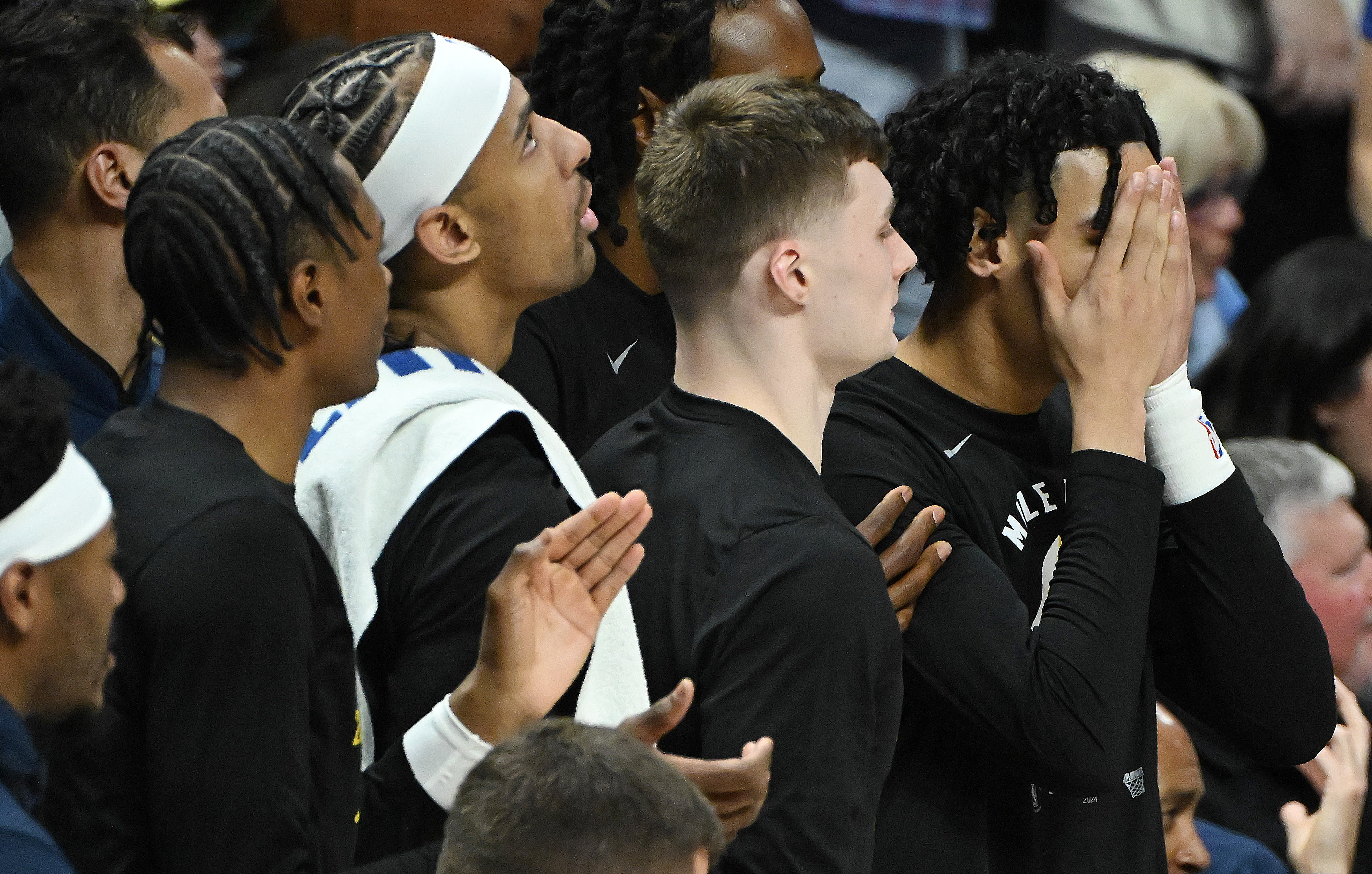 The bench shows concernl during game 5 of the first round of the Western Conference championships at Ball Arena on Monday, April 24, 2024. The Nuggets won the game 108-106. (Photo by Jerilee Bennett, The Gazette)