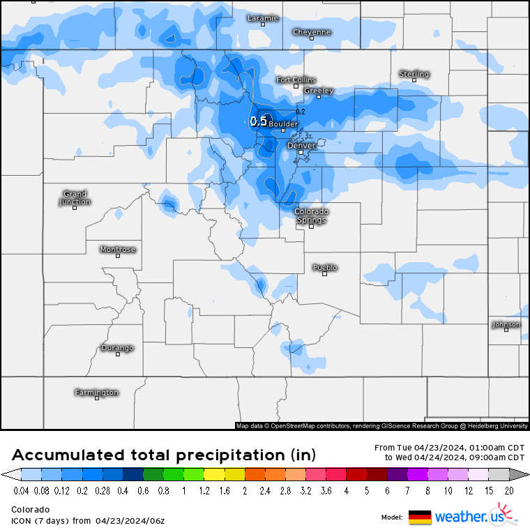 A Weather.us forecast map from the ICON model shows the potential total accumulation levels of water-equivalent precipitation as of 9 a.m., Wednesday, April 24 for Colorado. Depending on the density of the snow, one inch of water is equivalent to 10 inches of snow based on a common rule of thumb ratio of 10:1. (Weather.us)