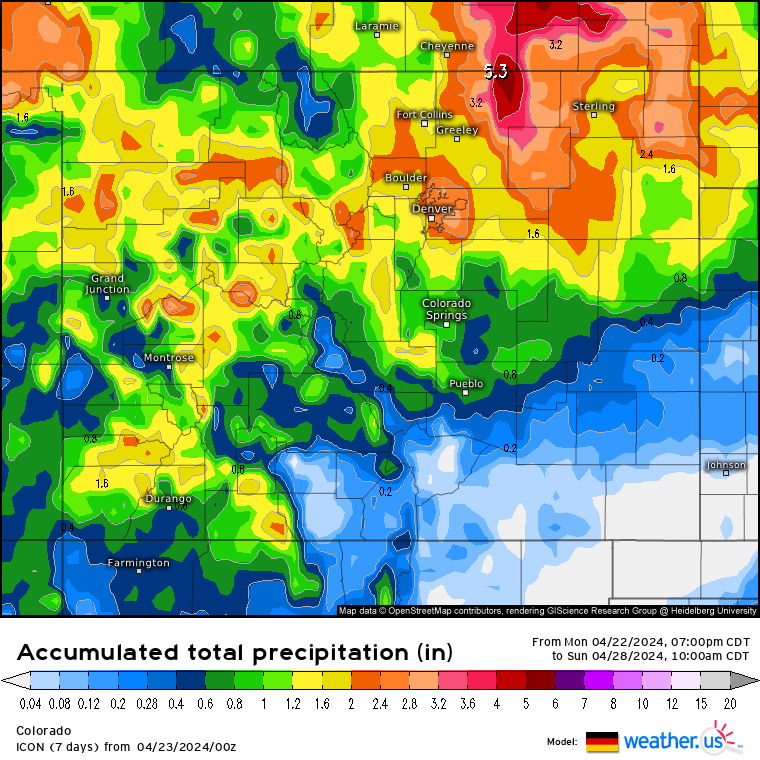 A Weather.us forecast map from the ICON model shows the potential total accumulation levels of water-equivalent precipitation as of 10 a.m., Sunday, April 28 for Colorado. Depending on the density of the snow, one inch of water is equivalent to 10 inches of snow based on a common rule of thumb ratio of 10:1. (Weather.us)