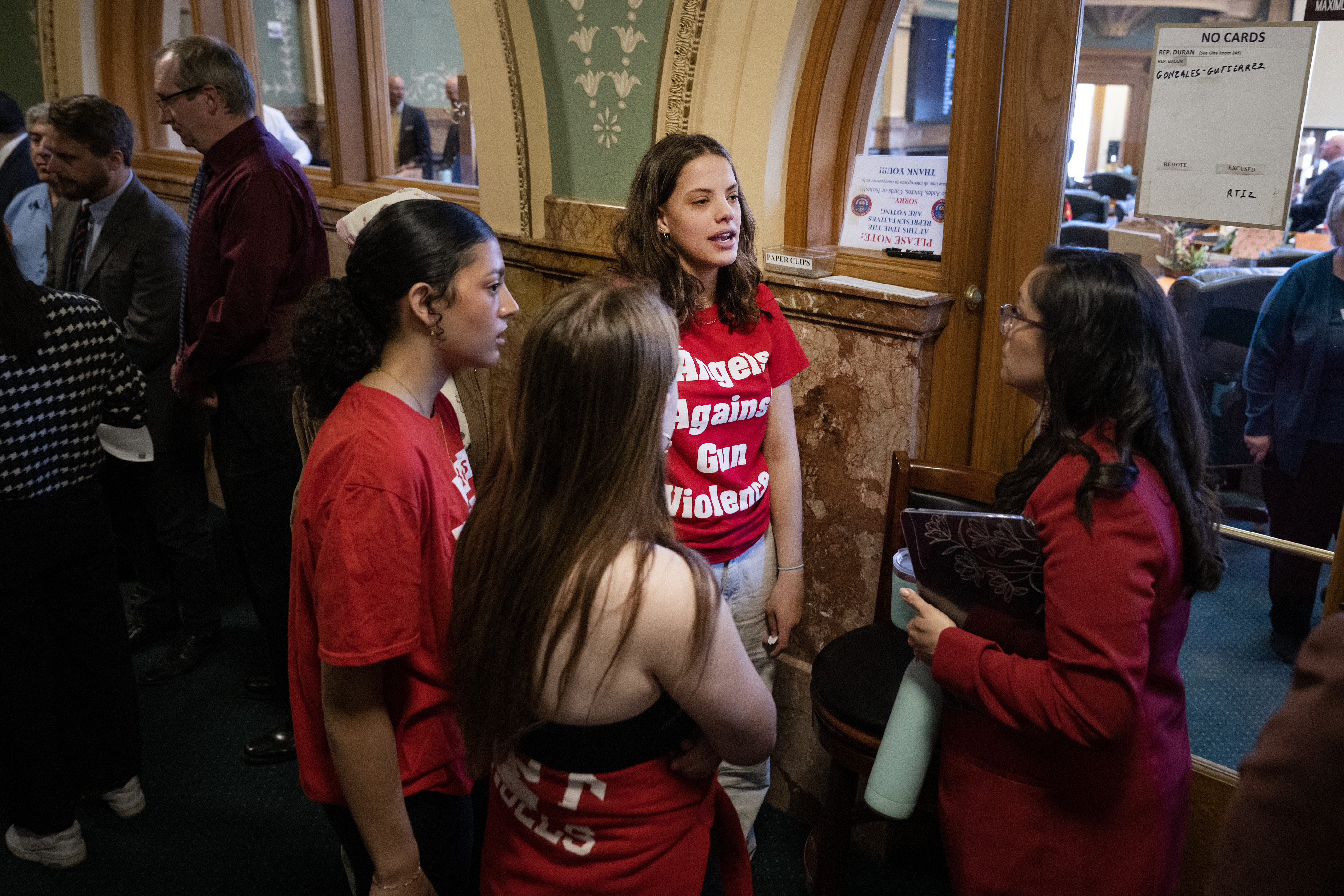 FILE PHOTO: East High School sophomore Anna Hay, 15, talks with Rep. Serena Gonzales-Gutierrez outside of the House of Representatives during a student protest in response to yesterday’s shooting at Denver East High School, on Thursday, March 23, 2023, at the Colorado State Capitol in Denver Colo. (Timothy Hurst/Denver Gazette) (Timothy Hurst/Denver Gazette)