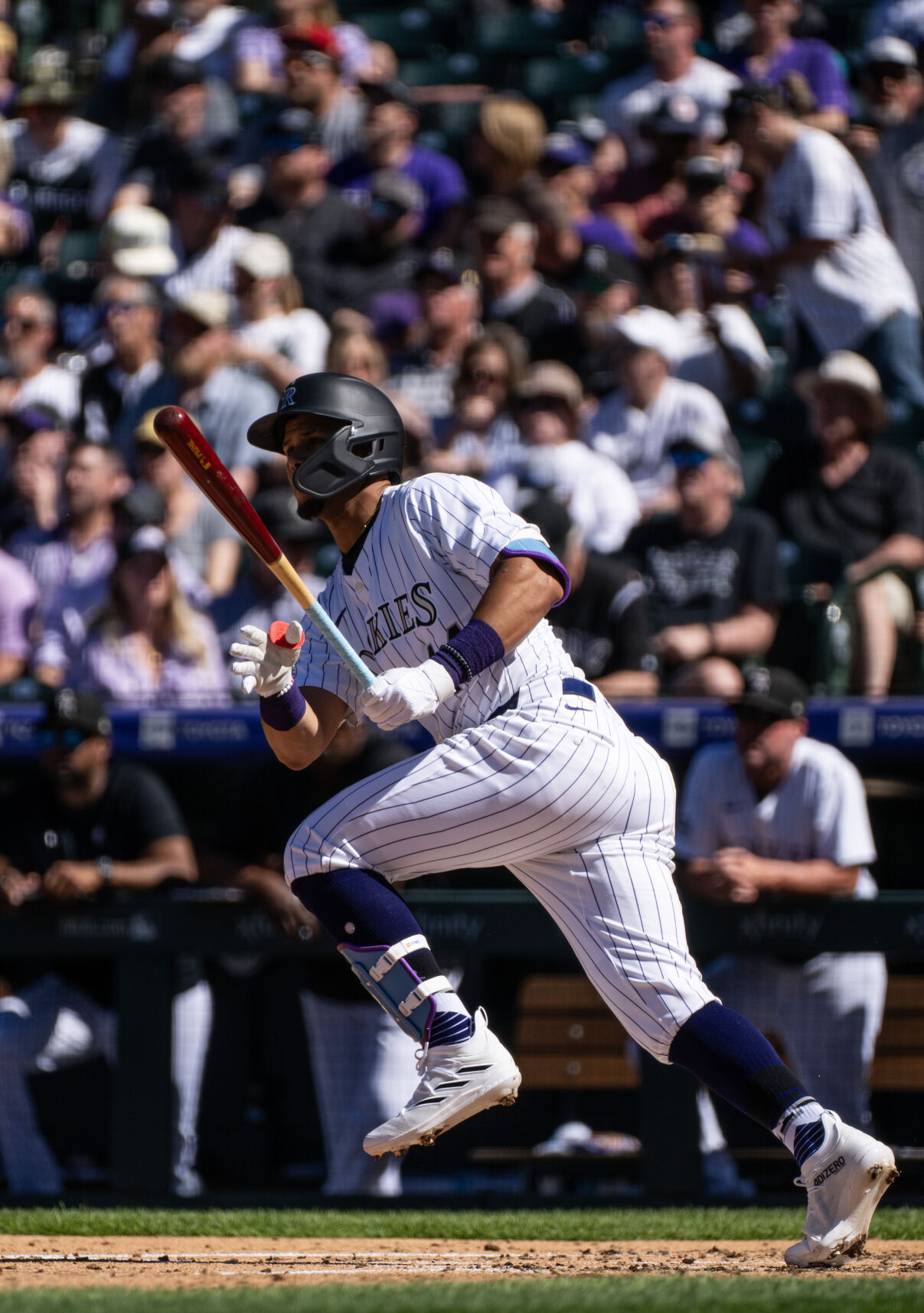 Colorado Rockies shortstop Ezequiel Tovar (14) runs to first base during a game against the Tampa Bay Rays at Coors Field, Friday, April 5, 2024, in Denver, Colo. (Parker Seibold, The Gazette) (Parker Seibold)