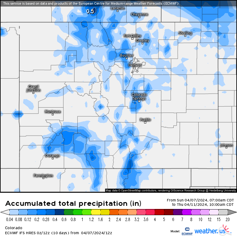A Weather.us forecast map from the ECMWF model shows the potential total accumulation levels of water-equivalent precipitation as of 10 a.m., Thursday, April 11 for Colorado. Depending on the density of the snow, one inch of water is equivalent to 10 inches of snow based on a common rule of thumb ratio of 10:1. (Weather.us)