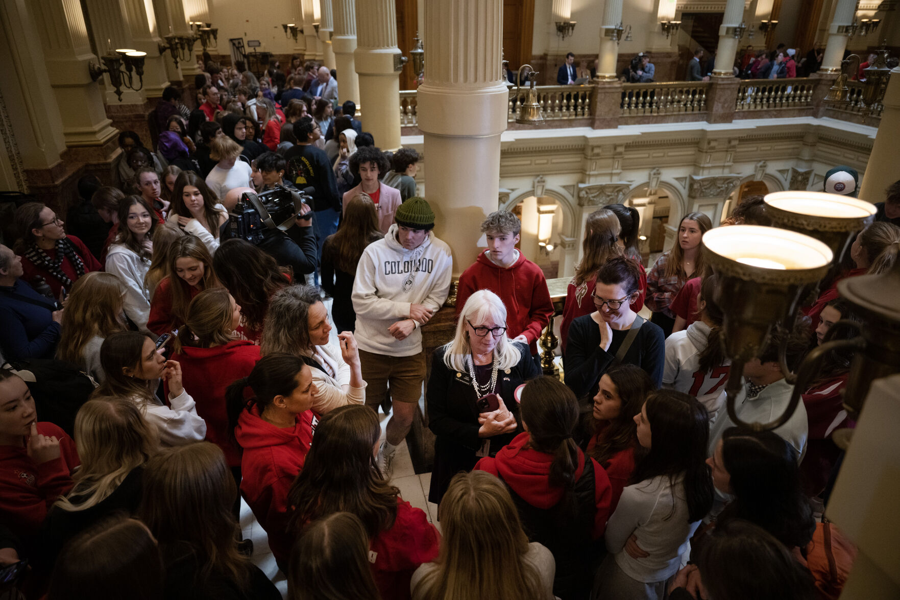 FILE PHOTO: Students and parents talk with Rep. Eliza Hamrick in the halls outside the House of Representatives during a student protest in response to yesterday’s shooting at Denver East High School, on Thursday, March 23, 2023, at the Colorado State Capitol in Denver Colo. (Timothy Hurst/Denver Gazette) (Timothy Hurst/Denver Gazette)