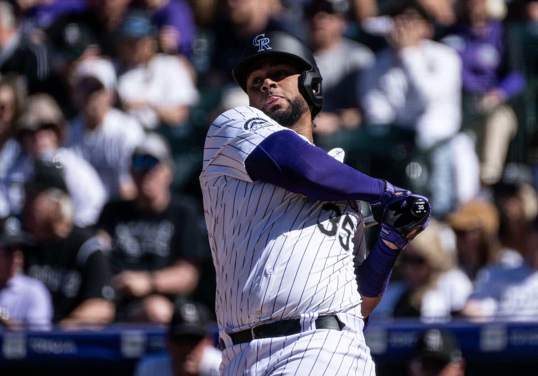 Colorado Rockies catcher Elias Díaz (35) bats against the Tampa Bay Rays at Coors Field, Friday, April 5, 2024, in Denver, Colo. (Parker Seibold, The Gazette) (Parker Seibold)