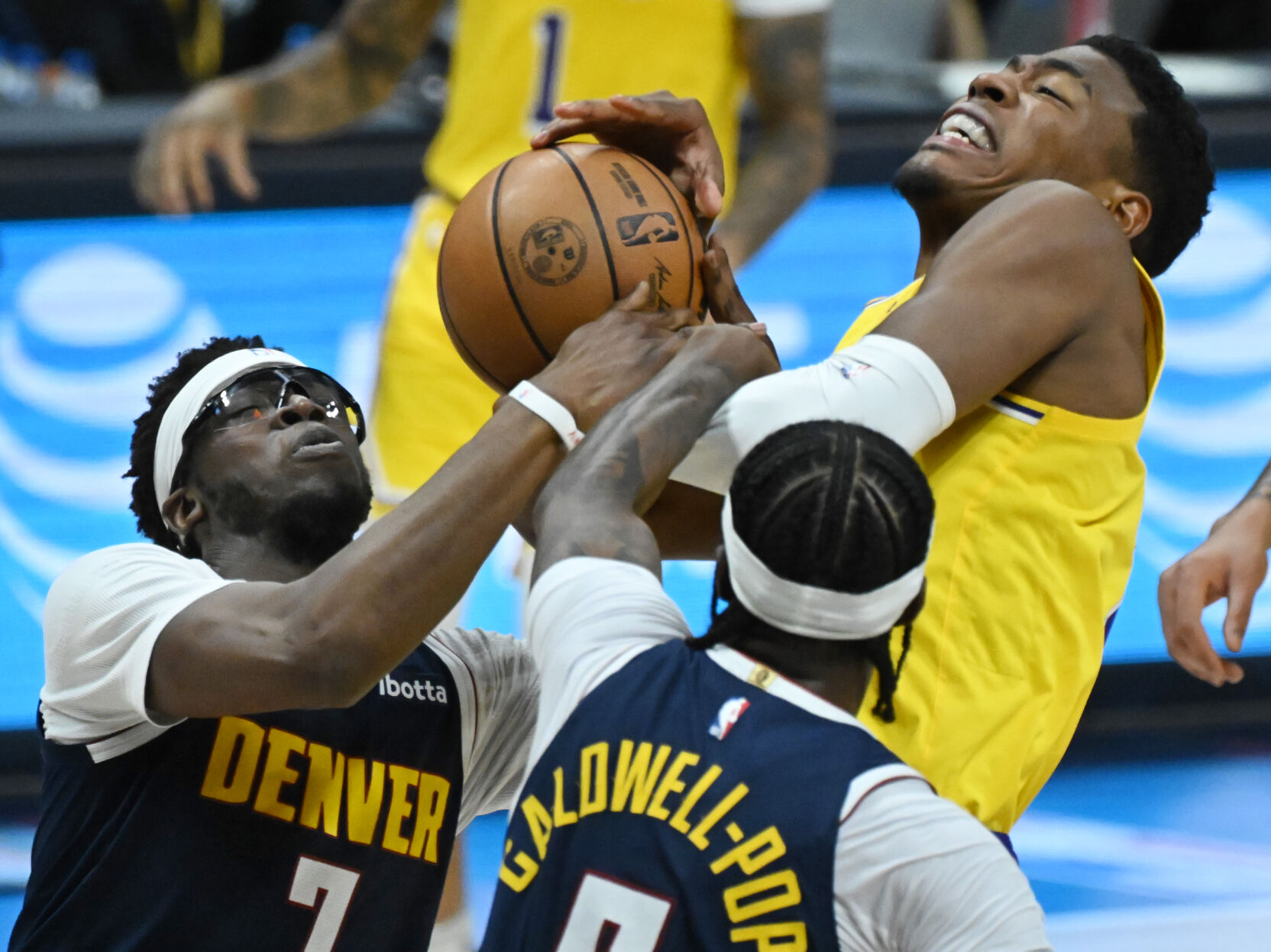 Reggie Jackson and Kentavious Caldwell-Pope fight with Lakers’ Rui Hachimura during the second quarter of game 5 of the first round of the Western Conference championships on Monday, April 29, 2024. (Photo by Jerilee Bennett, The Gazette)