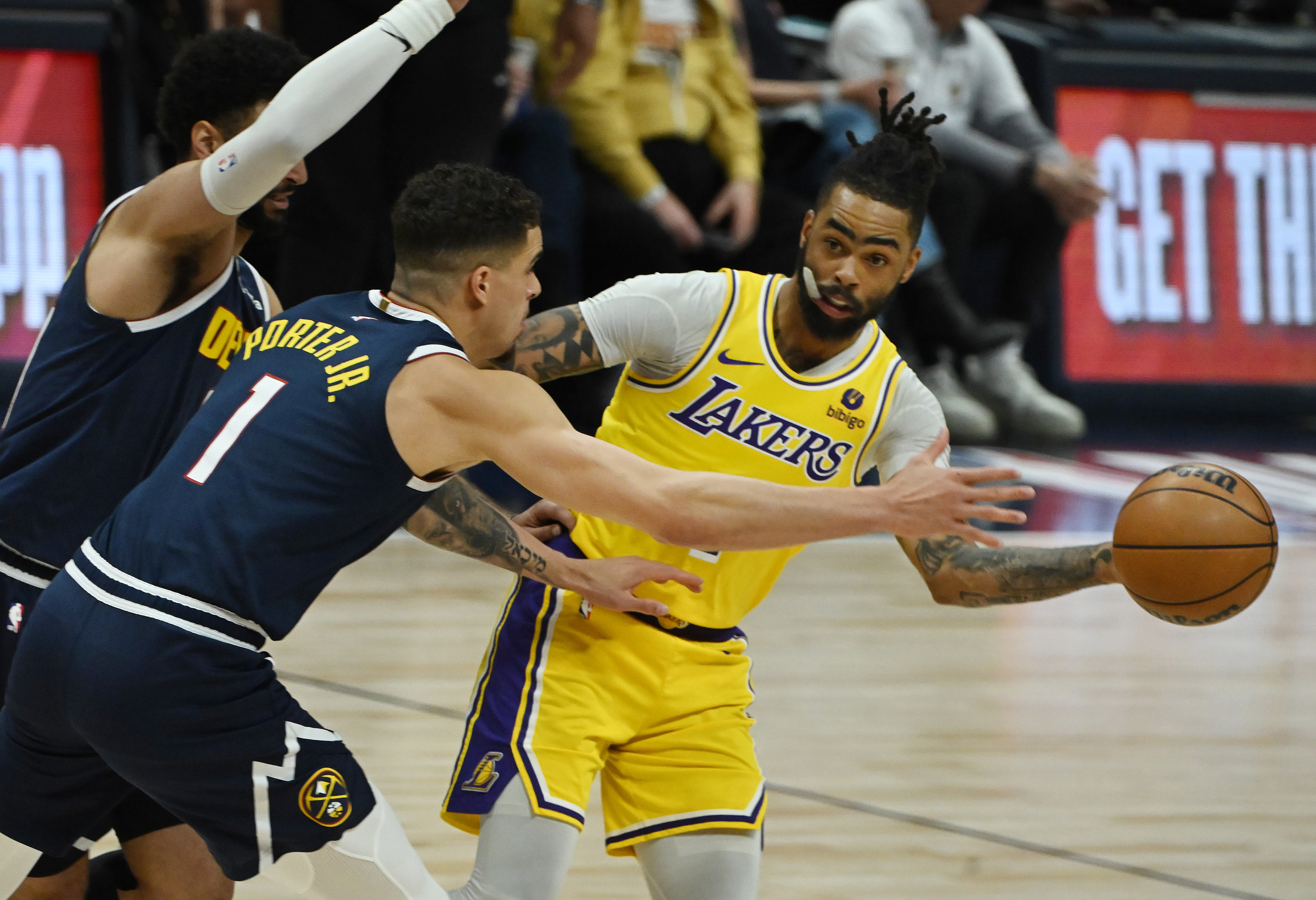 Michael Porter, Jr. defends Lakers’ Austin Reaves during game 5 of the first round of the Western Conference championships at Ball Arena on Monday, April 24, 2024. The Nuggets won the game 108-106. (Photo by Jerilee Bennett, The Gazette)