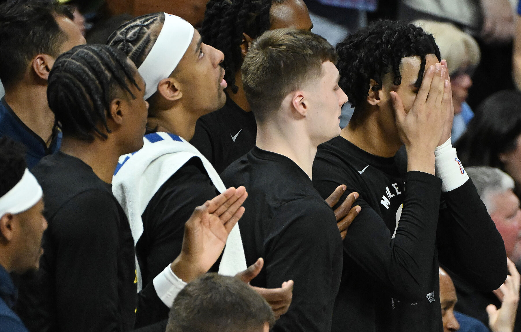 The bench shows concernl during game 5 of the first round of the Western Conference championships at Ball Arena on Monday, April 24, 2024. The Nuggets won the game 108-106. (Photo by Jerilee Bennett, The Gazette)
