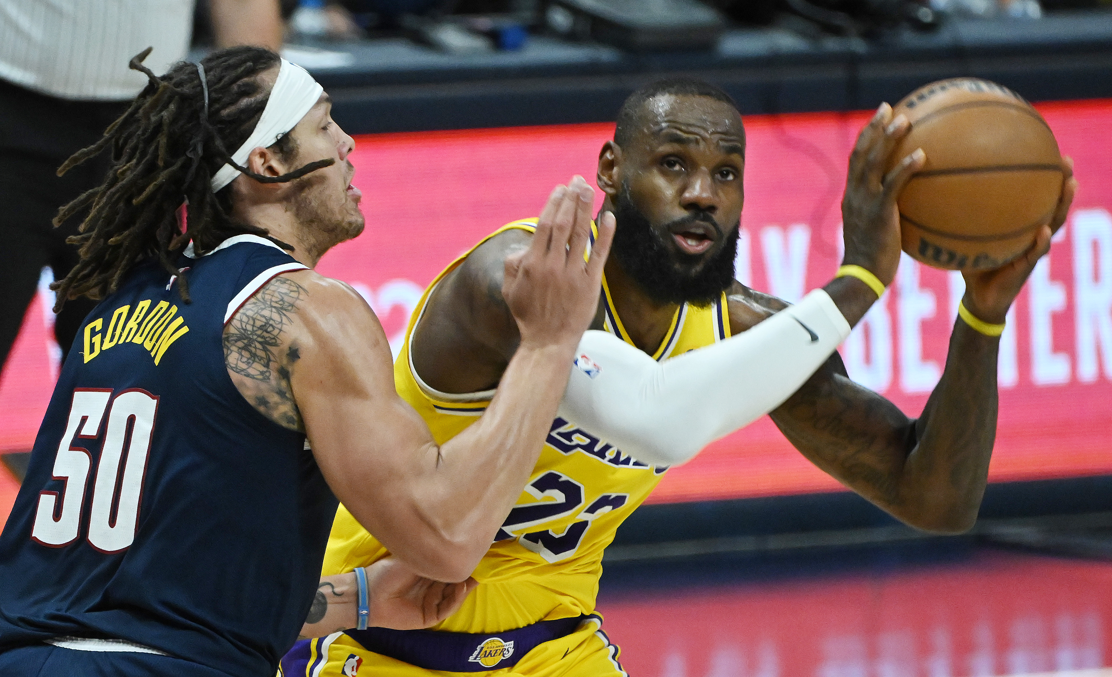 Aaron Gordon defends Lakers’ LeBron James during game 5 of the first round of the Western Conference championships at Ball Arena on Monday, April 24, 2024. The Nuggets won the game 108-106. (Photo by Jerilee Bennett, The Gazette)