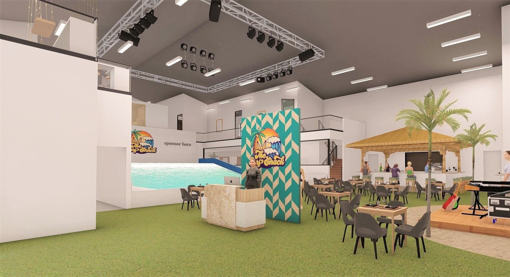 Surf Shack will have seating areas, lockers, conference and party rooms, concession and retail space, two outdoor sand volleyball courts and a 2,000-square-foot patio. (Courtesy of Surf Shack)