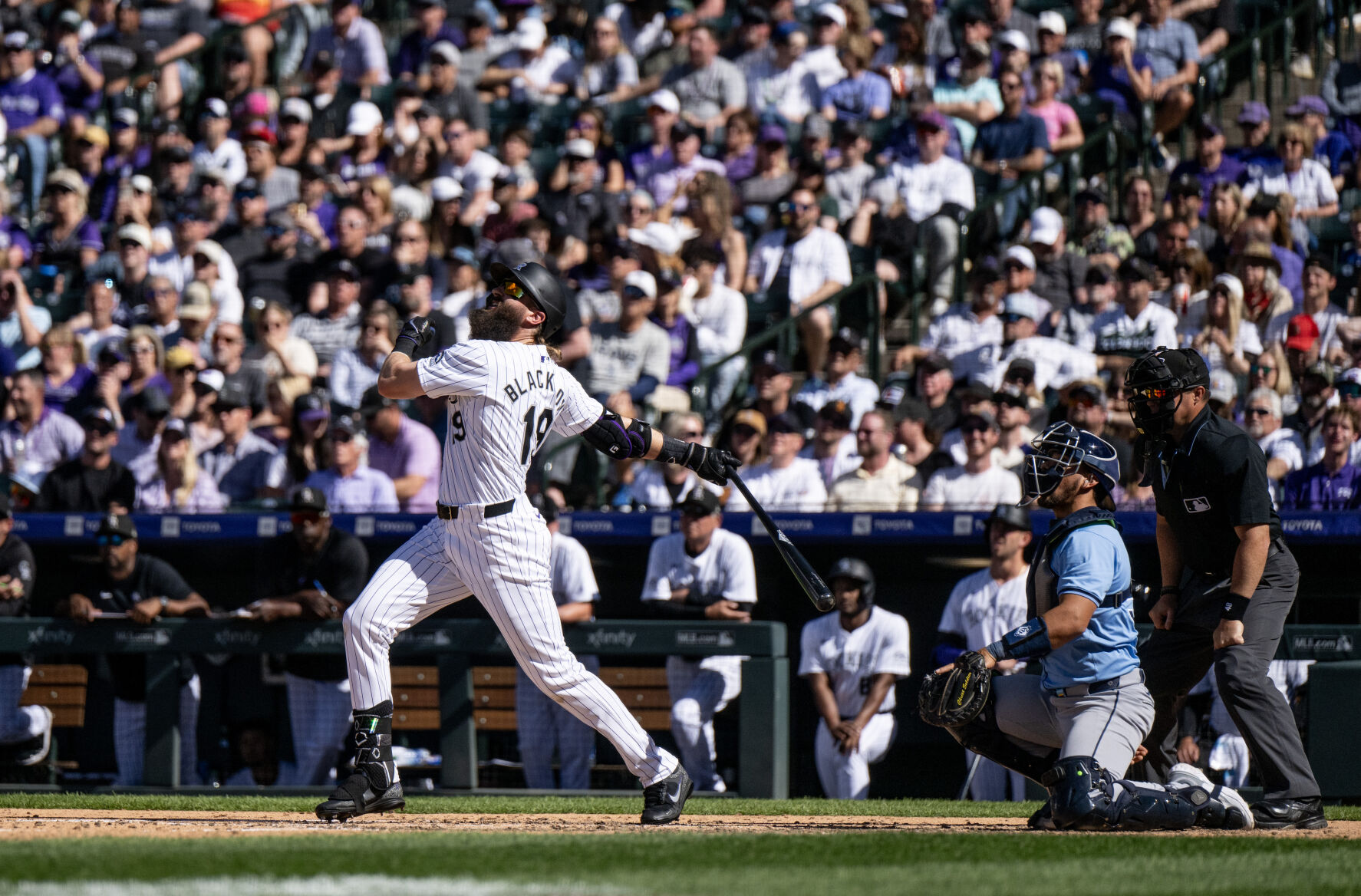 Colorado Rockies outfielder Charlie Blackmon (19) looks up to watch a ball during a game against the Tampa Bay Rays at Coors Field, Friday, April 5, 2024, in Denver, Colo. (Parker Seibold, The Gazette) (Parker Seibold)