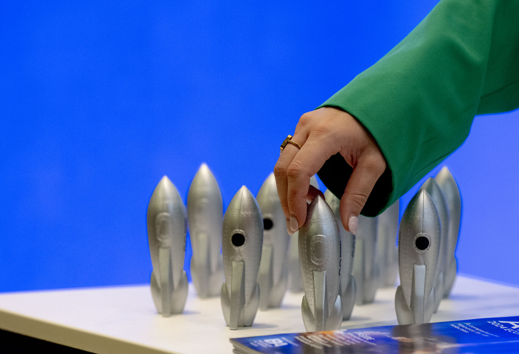 Rocket souvenirs are stocked at the Huntsville Madison County Chamber exhibit at the 39th Space Foundation Space Symposium at The Broadmoor Hotel, Tuesday, April 9, 2024, in Colorado Springs, Colo. (Parker Seibold, The Gazette) (Parker Seibold)