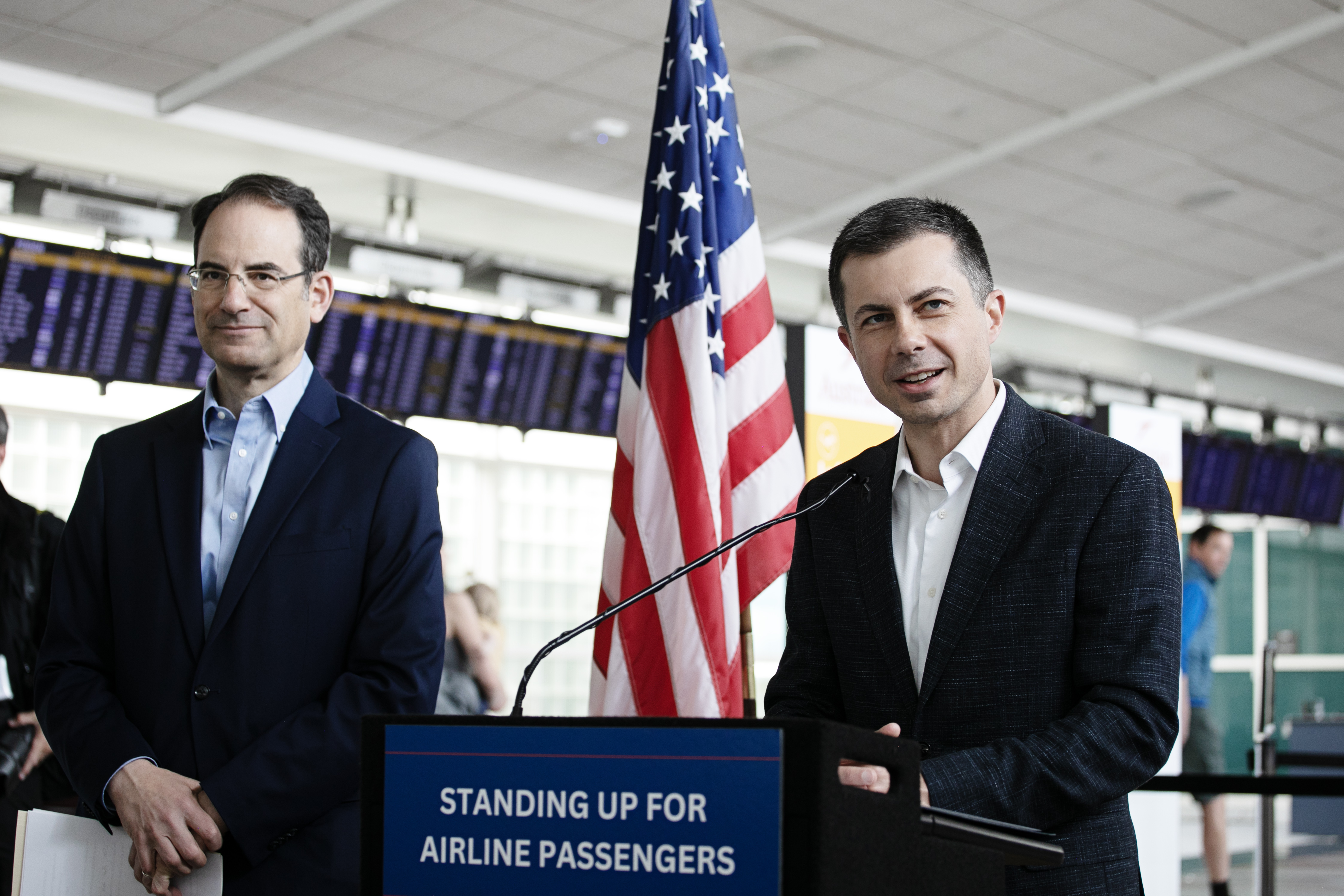 Colorado Attorney General Phil Weiser, left, and U.S. Transportation Secretary Pete Buttigieg announced the Airline Passenger Protection Partnership at a press conference at Denver International Airport on Tuesday, April 16, 2024. (TomHellauerMultimedia Producertom.hellauer@denvergazette.comhttps://denvergazette.com/content/tncms/avatars/f/9e/622/f9e6228a-3b6b-11ed-bf10-fbb71fa8e421.f54b911252c540f1d61709edc4727a39.png)