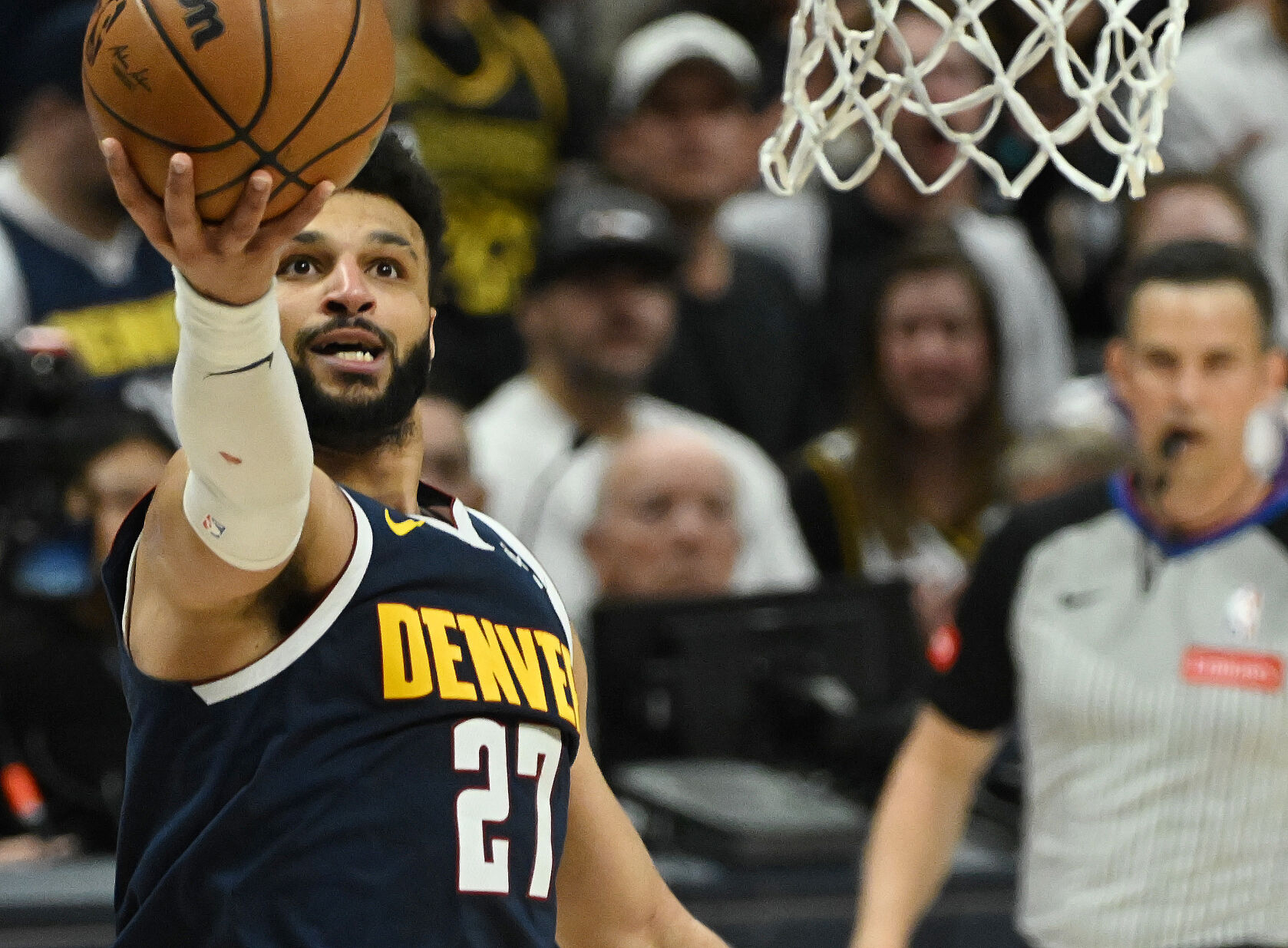 Jamal Murray goes up for a shot during game 5 of the first round of the Western Conference championships at Ball Arena on Monday, April 24, 2024. The Nuggets won the game 108-106. (Photo by Jerilee Bennett, The Gazette)