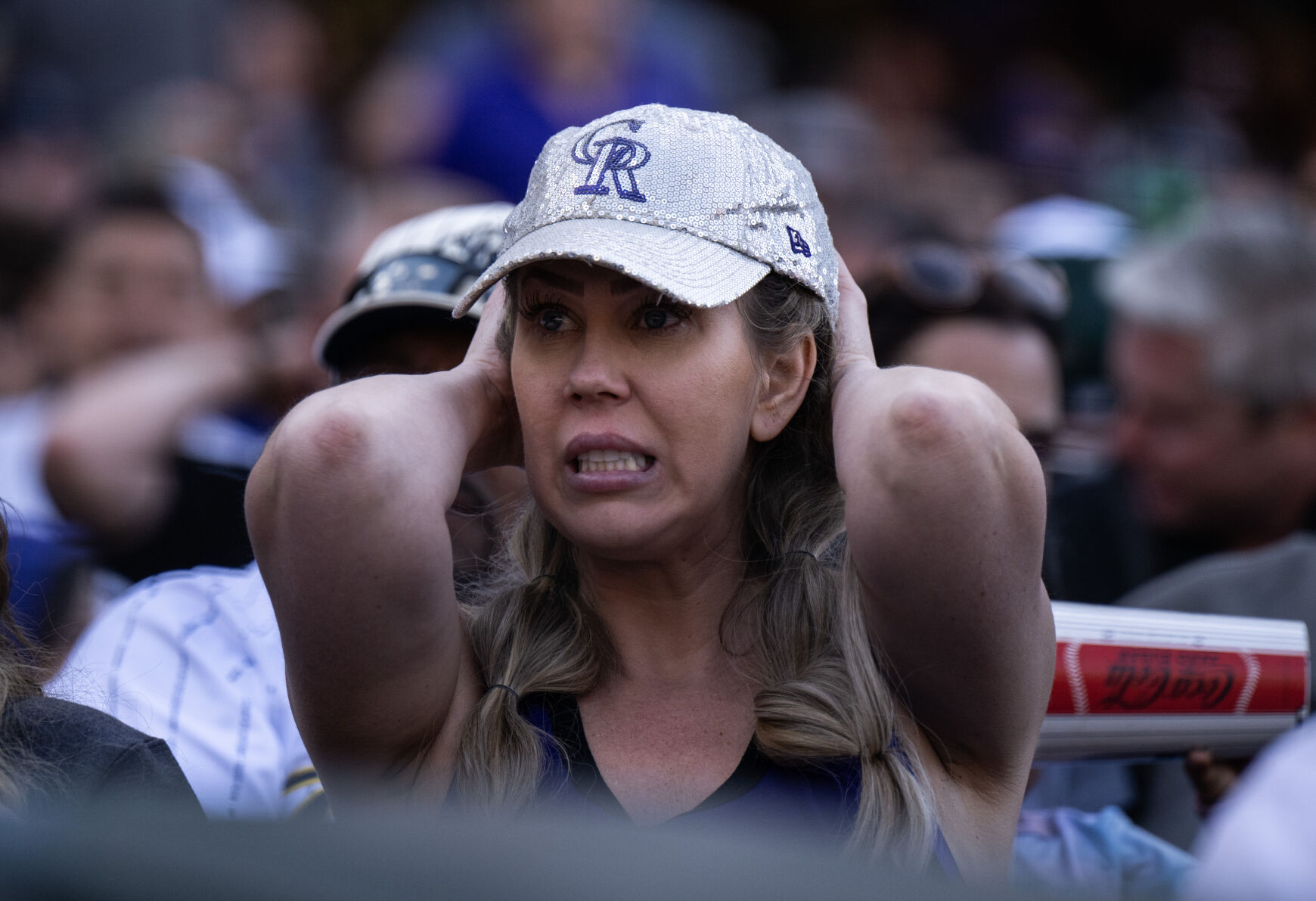 A Colorado Rockies fan reacts after they let the Tampa Bay Rays score during a game at Coors Field, Friday, April 5, 2024, in Denver, Colo. (Parker Seibold, The Gazette) (Parker Seibold)