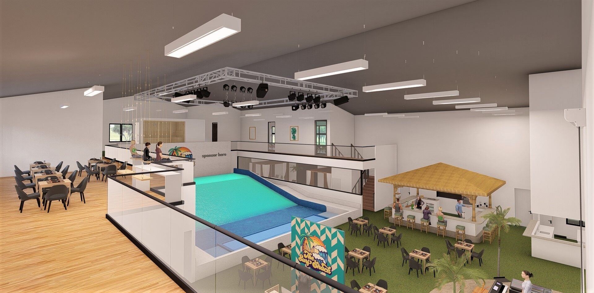 A FlowRider wave machine, which simulates ocean waves for surfers, will be the centerpiece of the planned 12,000-square-foot Surf Shack that’s planned for the Polaris Pointe development southeast of Interstate 25 and Northgate Boulevard near Gleneagle. (photos Courtesy of Surf Shack)