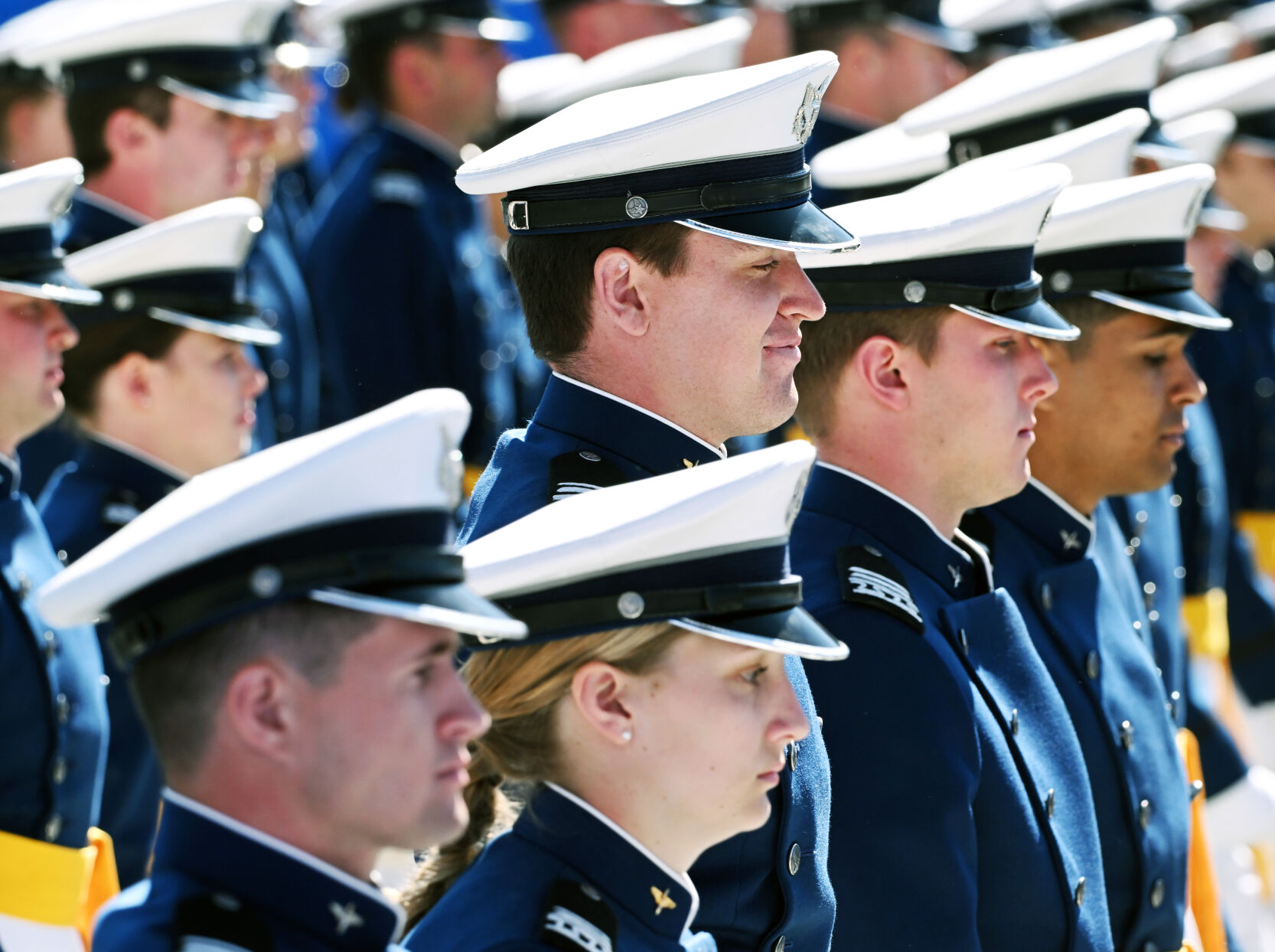 The class of 2024 of the United States Air Force Academy march to their seats during the beginning of graduation at Falcon Stadium on Thursday, May 30, 2024. (Photo by Jerilee Bennett, The Gazette)