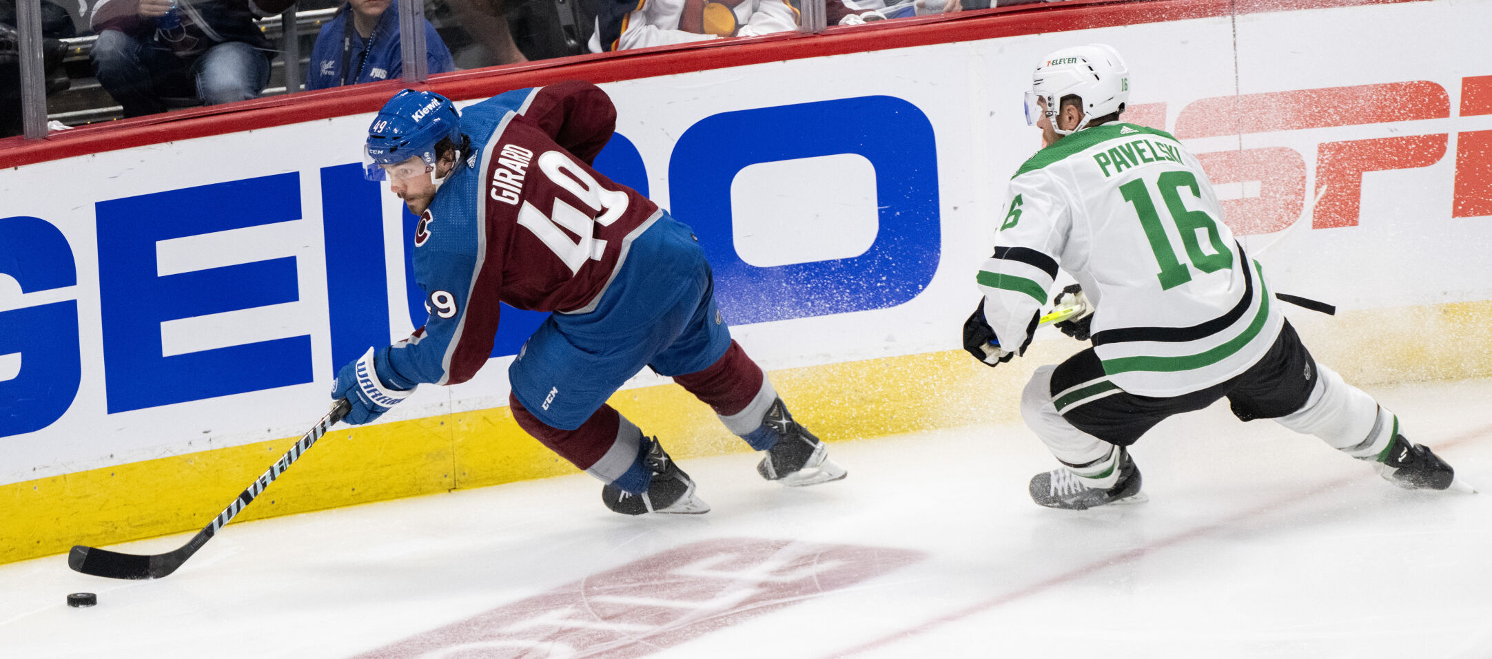 Colorado Avalanche defenseman Samuel Girard (49) skates ahead of Dallas Stars center Joe Pavelski (16) during the second period of Game 4 of an NHL Stanley Cup second-round playoff series Monday, May 13, 2024, at Ball Arena in Denver. (The Gazette, Christian Murdock) (Christian Murdock/The Gazette)