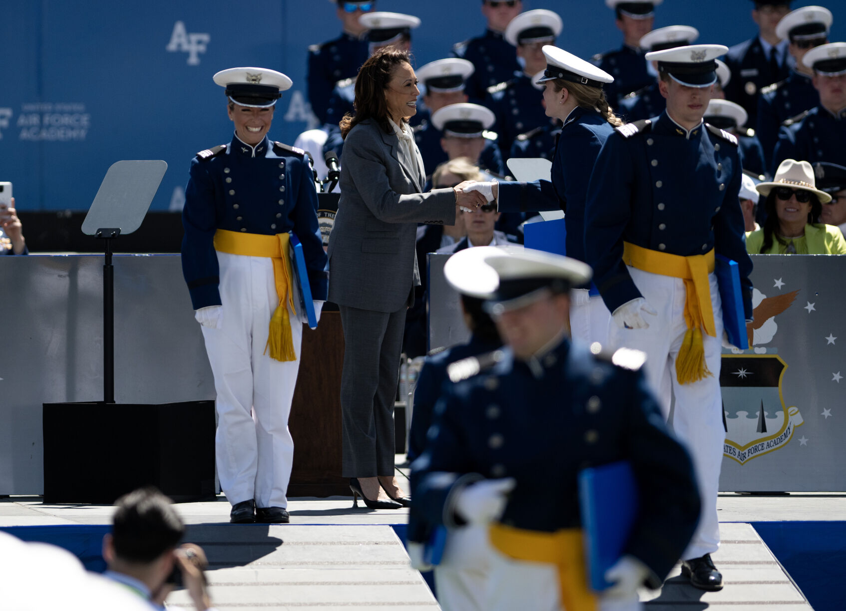 Vice President of the United States Kamala Harris shakes cadets’ hands during the Air Force Academy graduation at Falcon Stadium on Thursday, May 30, 2024, in Colorado Springs, Colo. (Parker Seibold, The Gazette) (Parker Seibold)