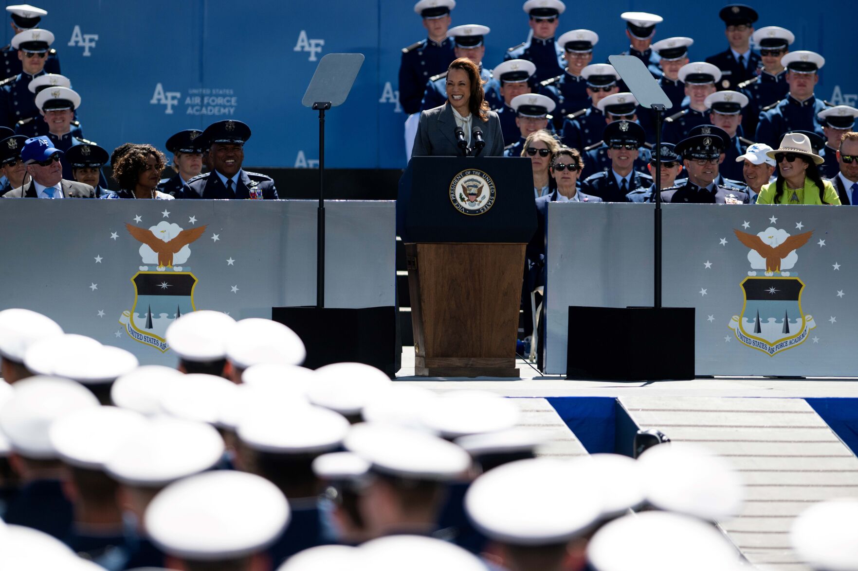 Vice President Kamala Harris address the Air Force Academy graduates. (Parker Seibold)