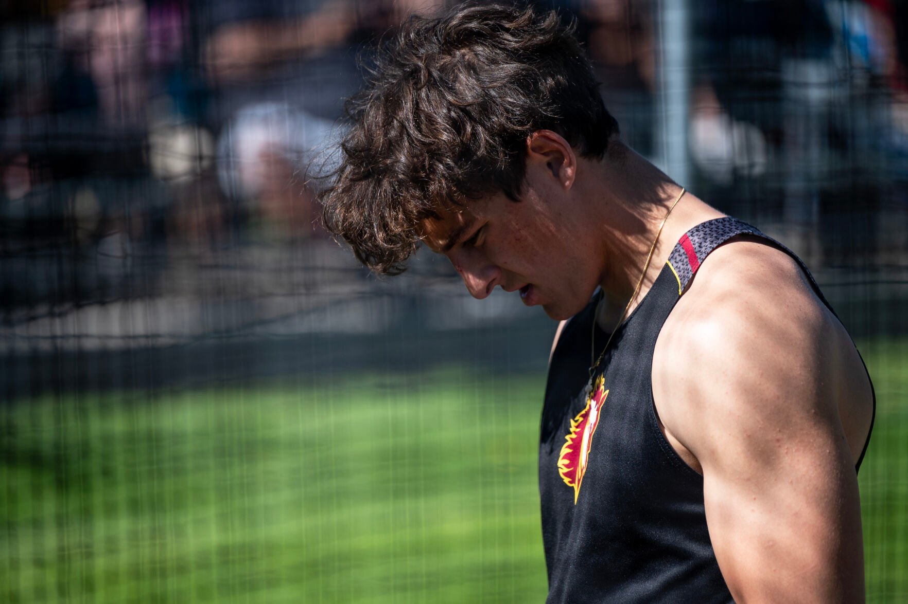 Banning Lewis’ Joseph Bjegovich says a prayer before competing in the 2A boys disc throw at the Colorado High School Activities Association state track and field championships on Friday, May 17, 2024, at Jeffco Stadium in Lakewood, Colo. (Parker Seibold, The Gazette) (Parker Seibold)