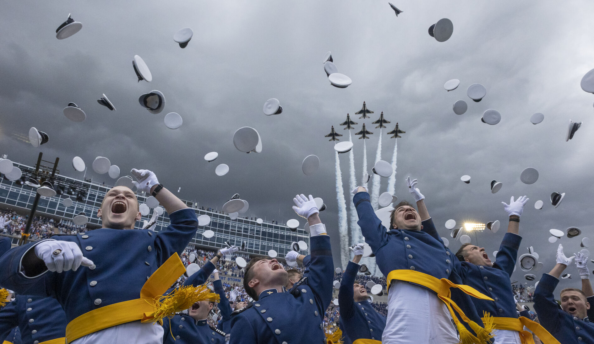 The Thunderbirds soar over Falcon Stadium during the hat toss at the U.S. Air Force Academy Class of 2023 Graduation on the U.S. Air Force Academy campus on June 1. (Gabi Broekema)