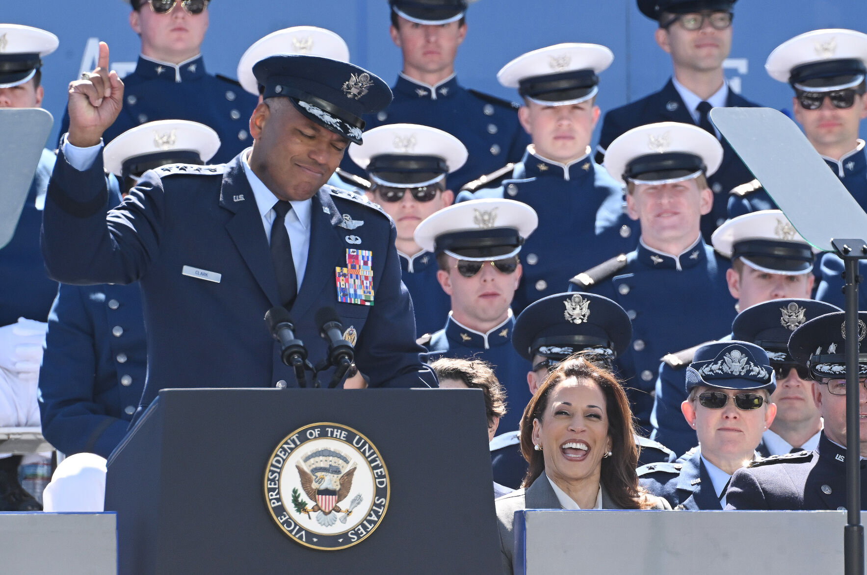 Lt. Gen. William Clark, Supt. Of the Air Force Academy, addresses the crowd during graduation. The class of 2024 of the United States Air Force Academy held their graduation at Falcon Stadium on Thursday, May 30, 2024. (Photo by Jerilee Bennett, The Gazette)