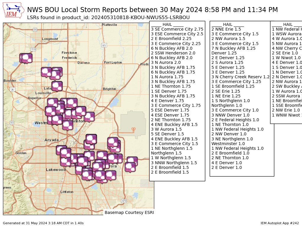 The National Weather Service hail report, showing hail stone diameter, from Thursday night's storm. (Courtesy National Weather Service) (National Weather Service)