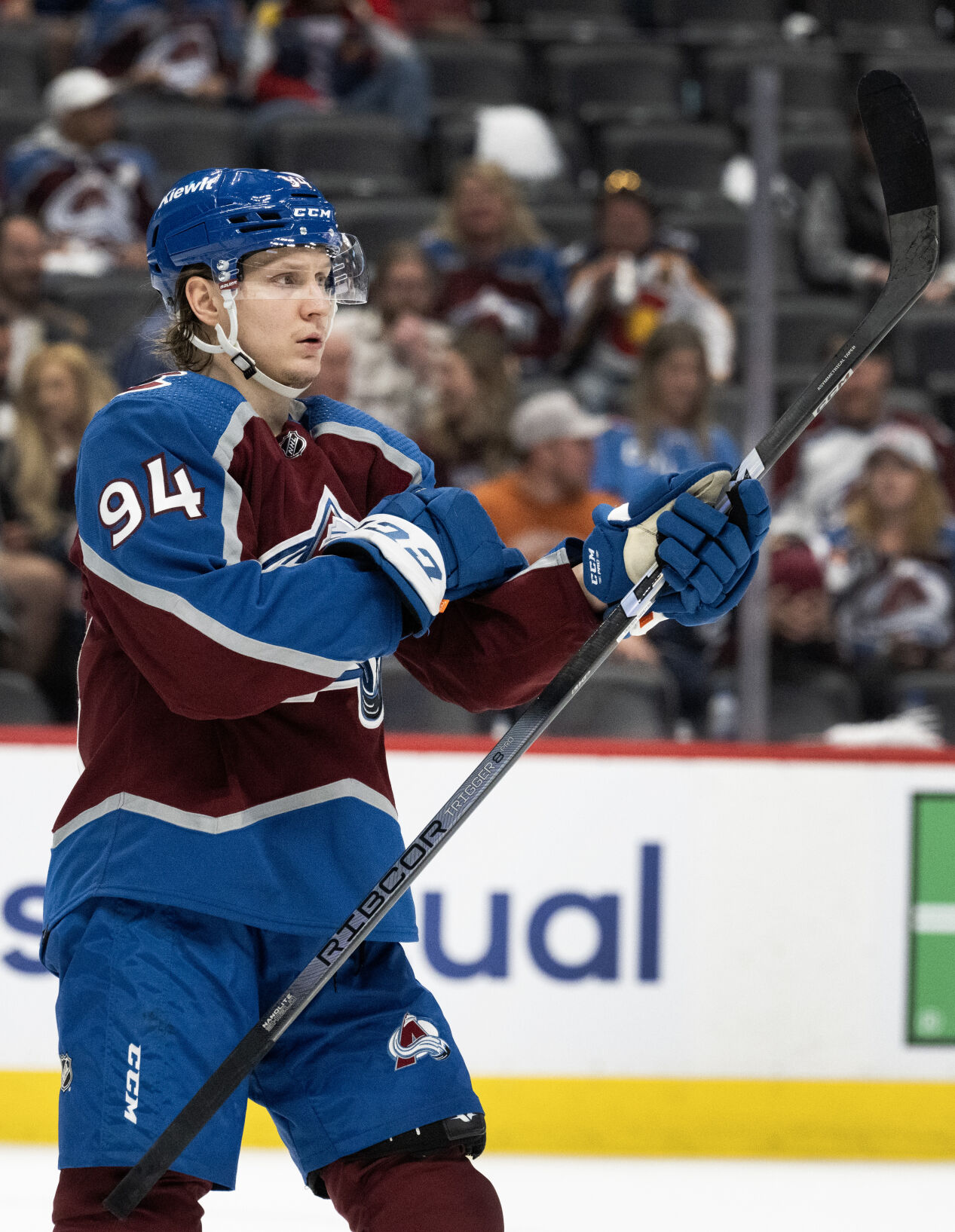 Colorado Avalanche left wing Joel Kiviranta (94) skates during a timeout in the third period of Game 4 of an NHL Stanley Cup second-round playoff series against the Dallas Stars Monday, May 13, 2024, at Ball Arena in Denver. The Stars won 5-1 to take a 3-1 lead in the series. (The Gazette, Christian Murdock) (Christian Murdock/The Gazette)