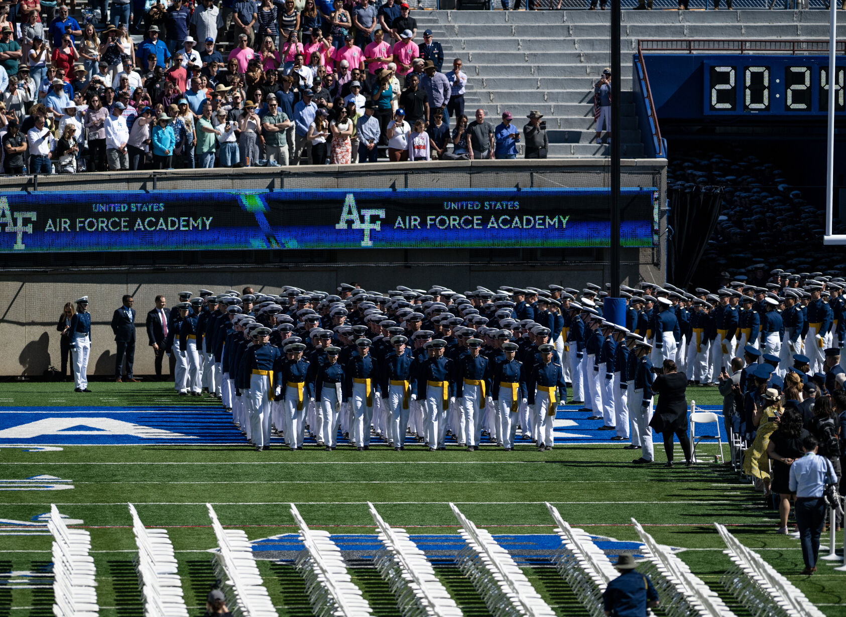 The Class of 2024 marches onto the field during graduation at Falcon Stadium on Thursday, May 30, 2024, in Colorado Springs, Colo. (Parker Seibold, The Gazette) (Parker Seibold)