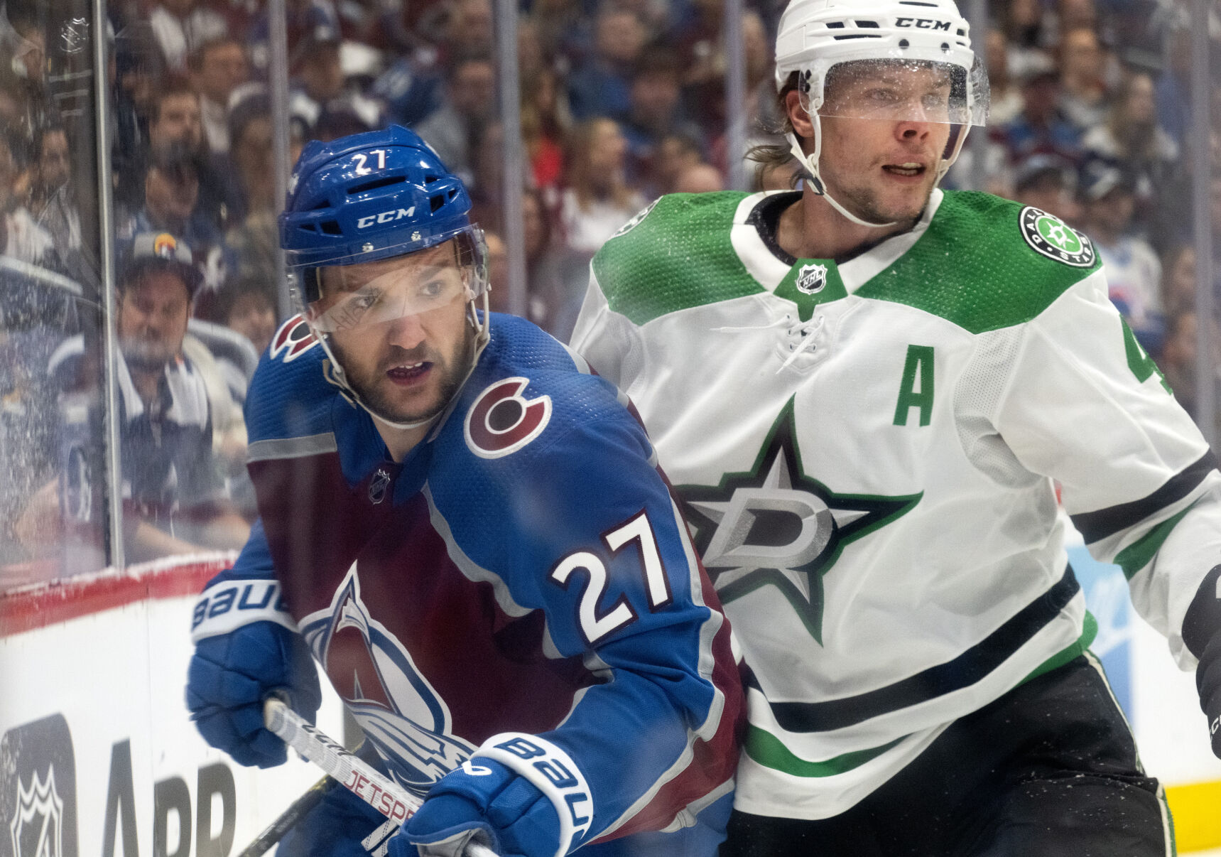 Colorado Avalanche left wing Jonathan Drouin (27) skates against Dallas Stars defenseman Miro Heiskanen during the first period of Game 4 of a Stanley Cup playoff series on May 13, 2024, at Ball Arena. (Christian Murdock, Gazette file)